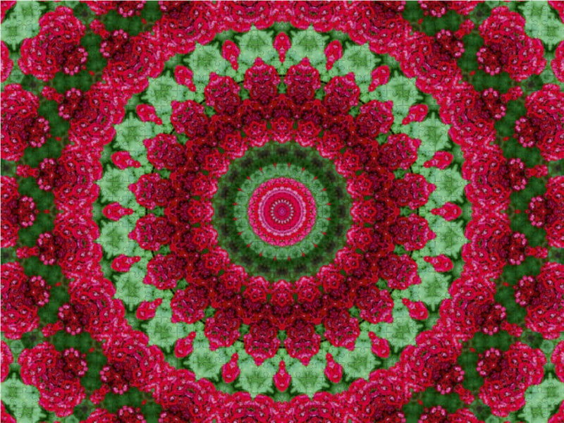 Ein kreisrundes, kaleidoskopisches Muster aus roten Blumen und grünem Laub.