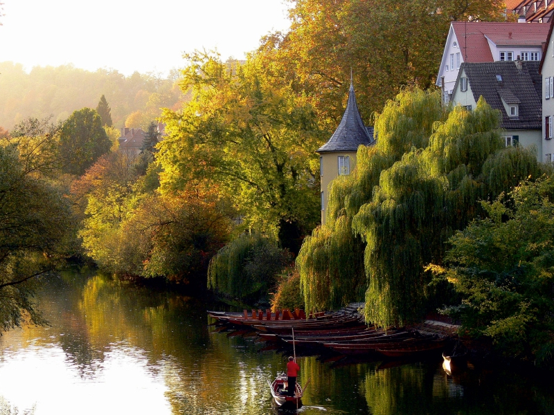 Ein Fluss fließt durch herbstliche Bäume neben Fachwerkhäusern, während ein Boot im Vordergrund fährt.