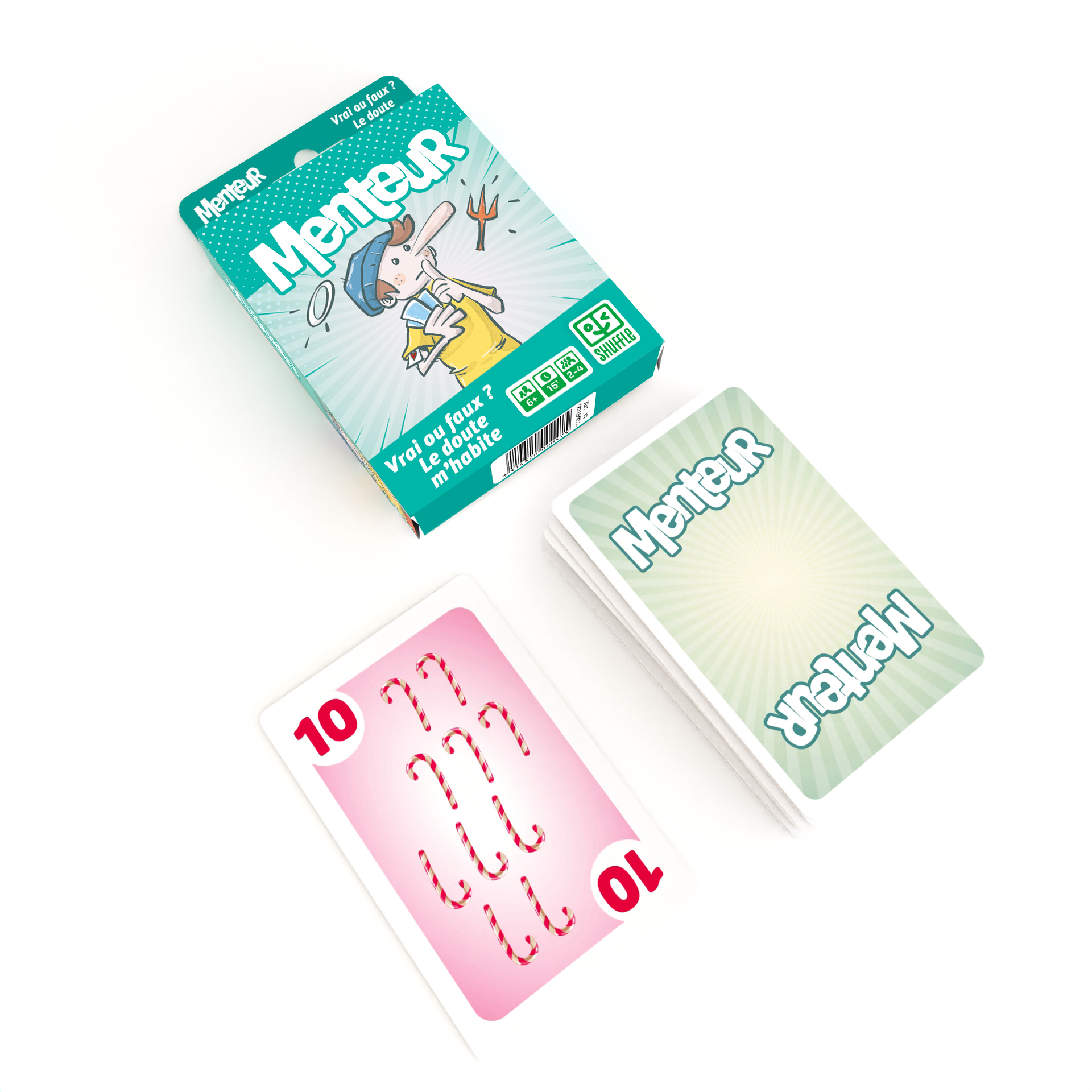 Menteur Kartenspiel Box und Karten mit der Zahl zehn und Zuckerstangen.