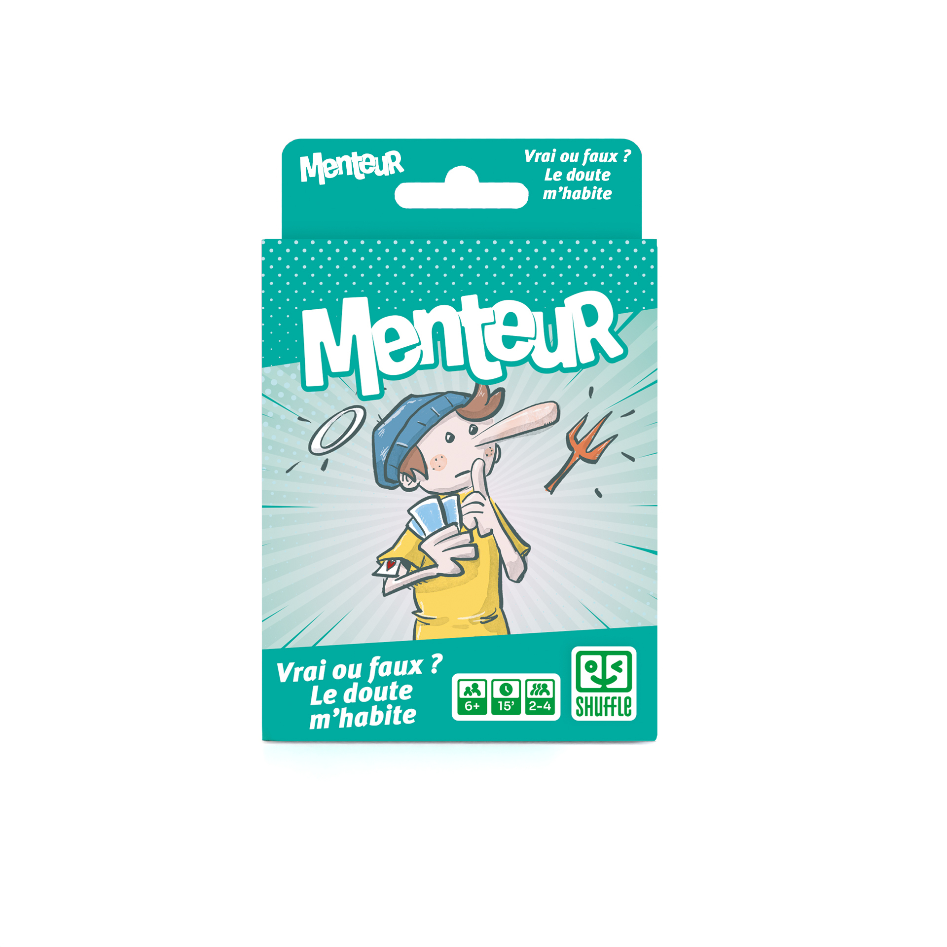 Kartenspielverpackung für "Menteur" mit gezeichneter Jungsfigur mit langer Nase, blauer Mütze und gelbem Shirt.
