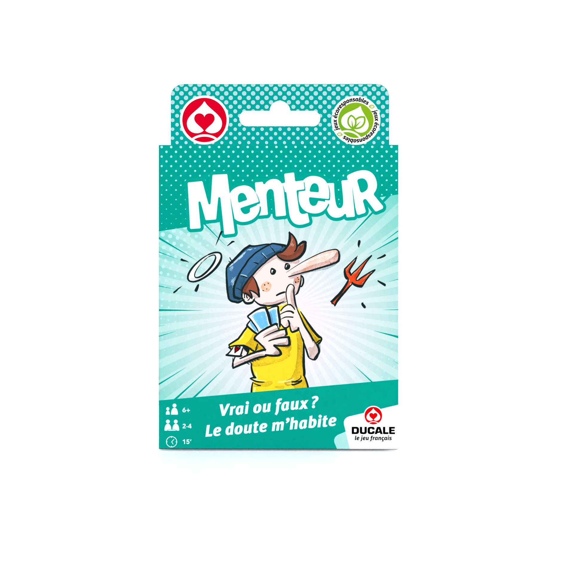 Kartenspielschachtel von Menteur mit einem Jungen mit langer Nase, Karten, Heiligenschein und Mistgabel.