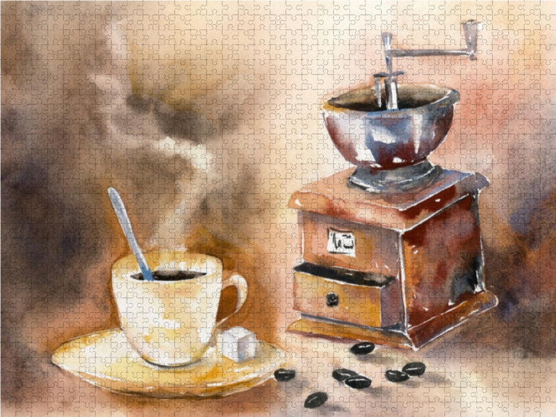 Aquarellbild mit Kaffeemühle, Tasse Kaffee und Kaffeebohnen.