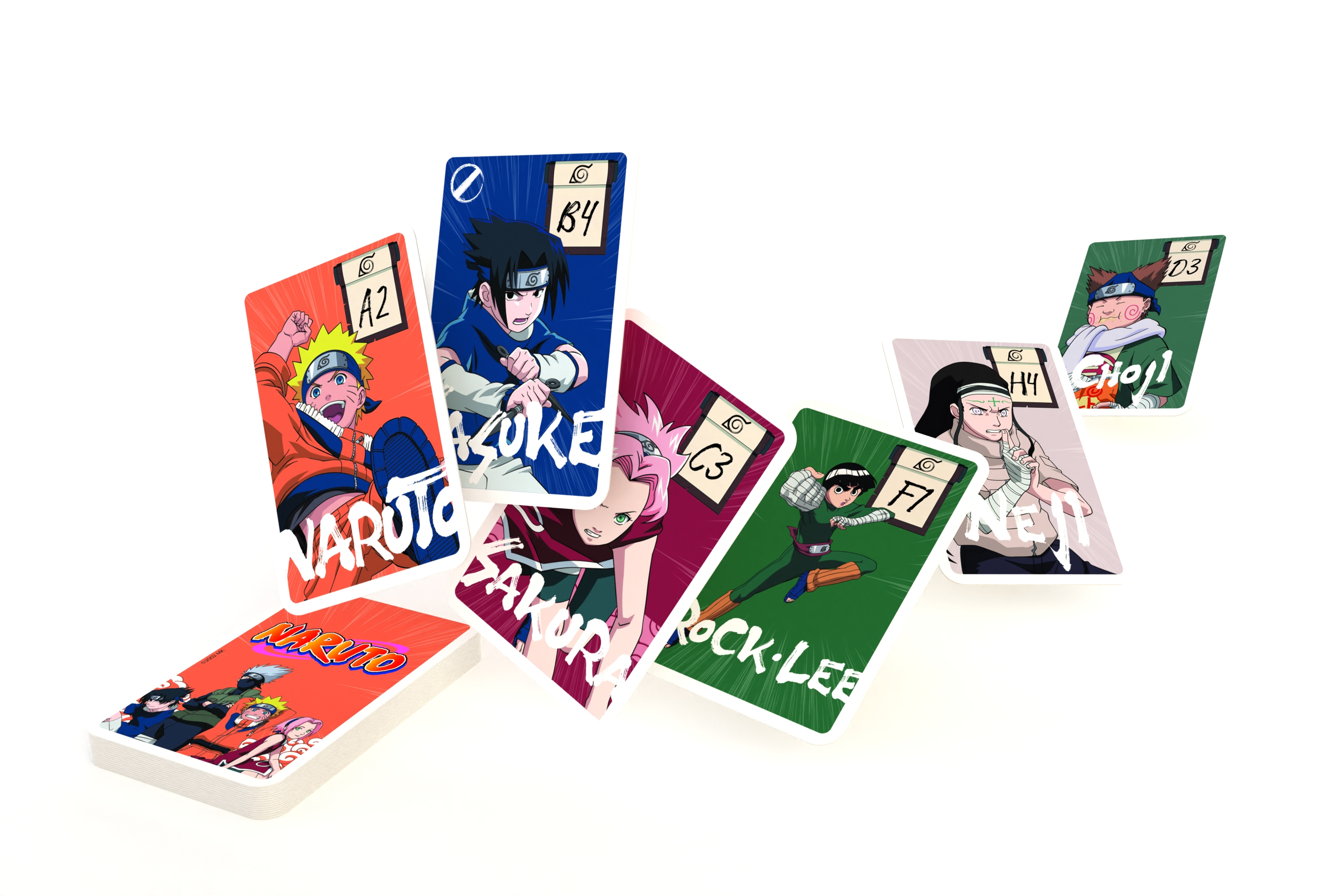 Ein Stapel Karten mit Naruto-Charakteren, die vor weißem Hintergrund in der Luft schweben.