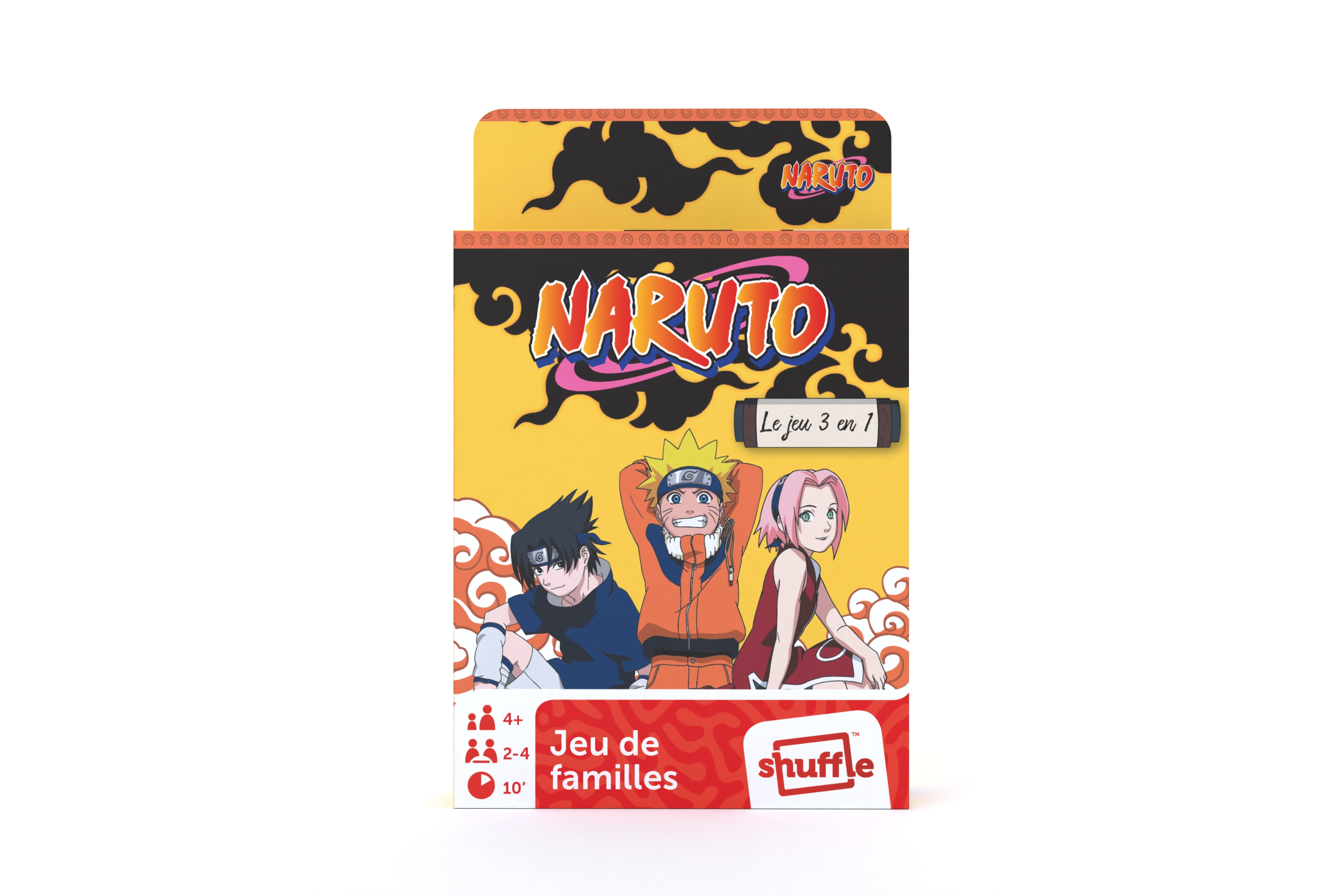 Naruto Familienkartenspiel mit Sasuke, Naruto und Sakura auf gelbem Hintergrund.