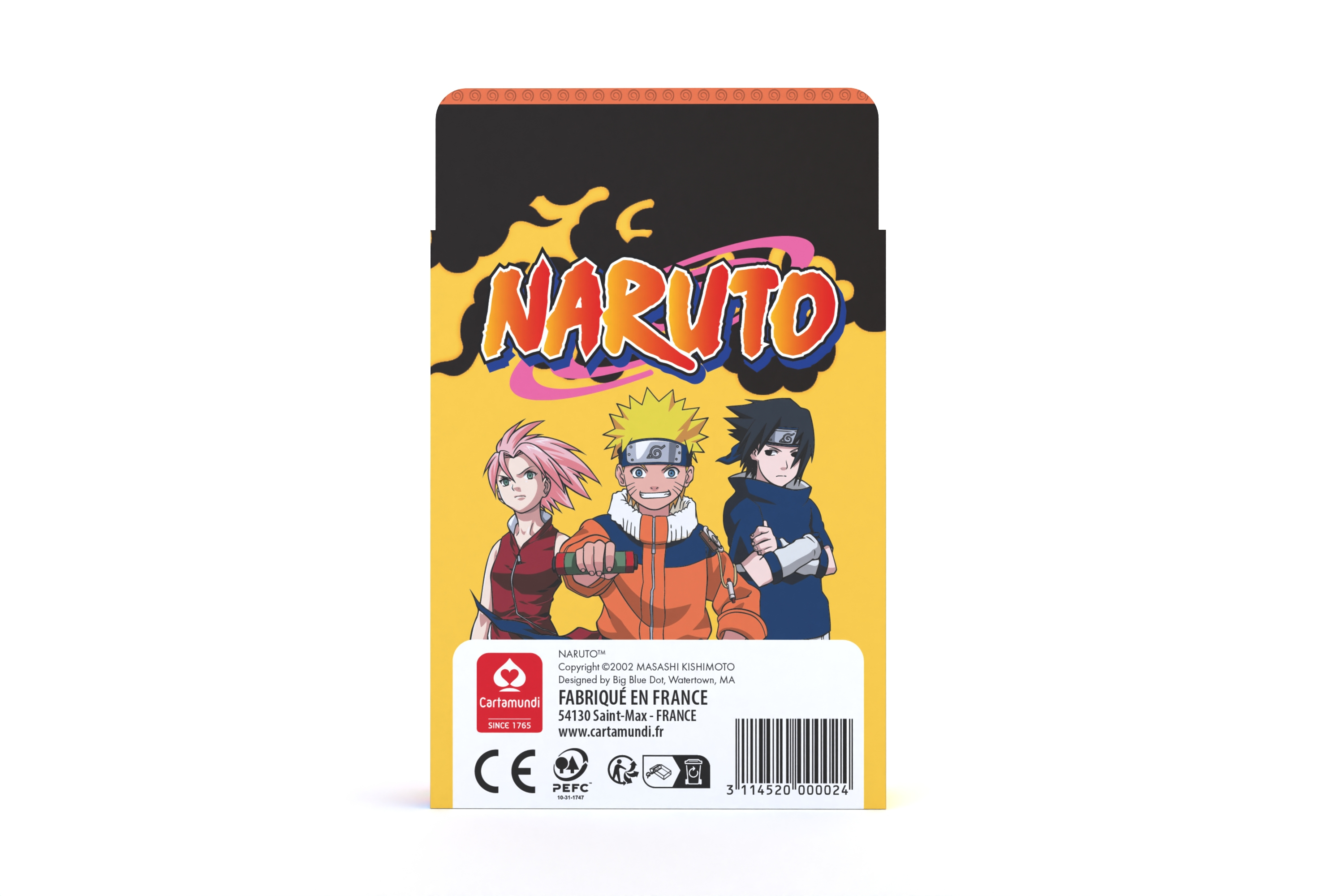 Naruto-Kartenspielbox mit Naruto, Sasuke und Sakura auf der gelben Vorderseite, schwarzem Deckel und Barcode.