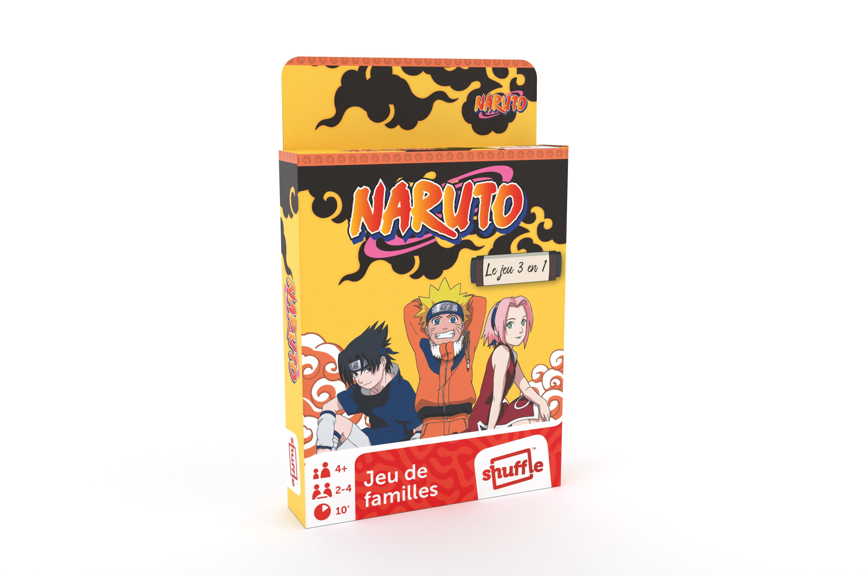 Eine Naruto-Kartenspielschachtel mit den Anime-Figuren Sasuke, Naruto und Sakura vor gelb-rotem Hintergrund.
