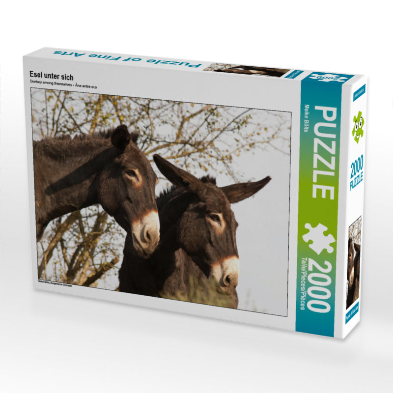 Eine Puzzle-Schachtel zeigt zwei braune Esel vor kahlen Bäumen.