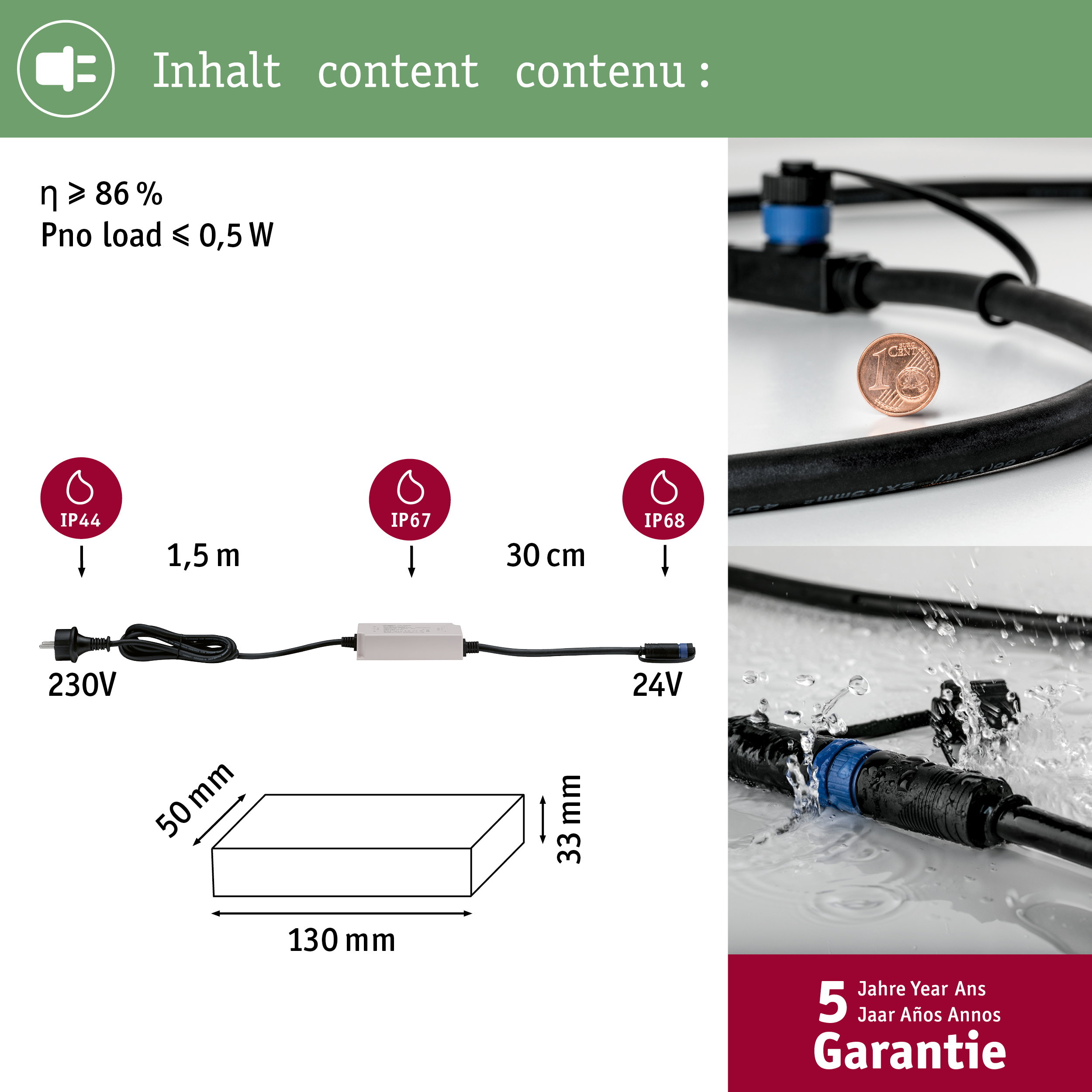 Dane techniczne zasilacza o klasie szczelności od IP44 do IP68, wymiary i gwarancja.