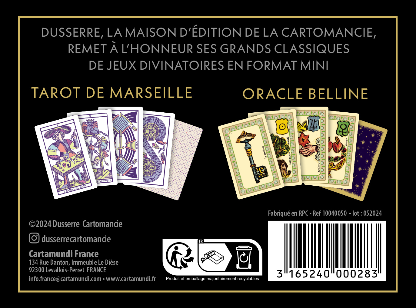 Eine schwarze Werbebox zeigt Tarot de Marseille und Oracle Belline Minikarten mit Firmendaten und Barcode.