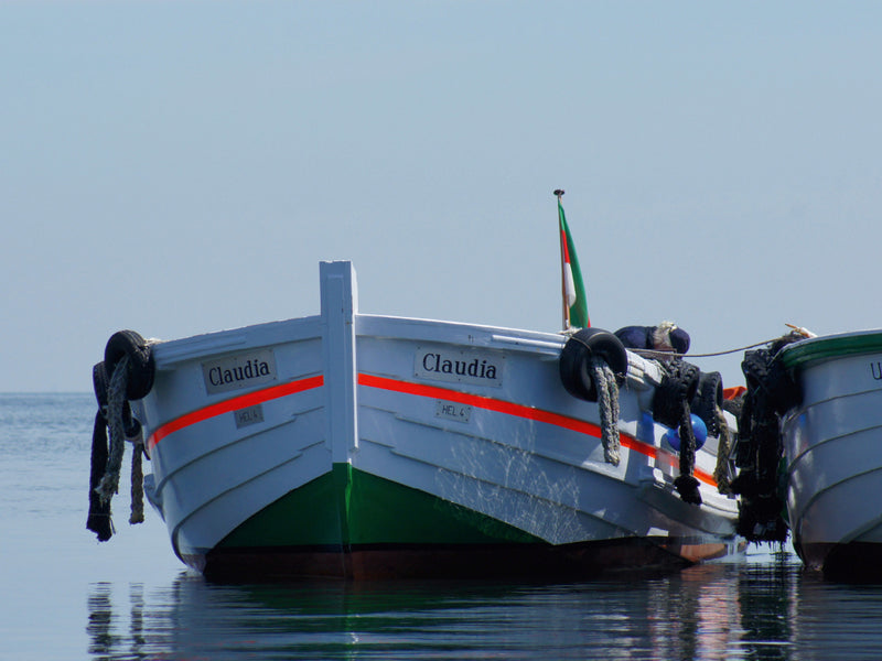 Ein weißes Fischerboot mit der Aufschrift Claudia auf ruhigem Wasser.