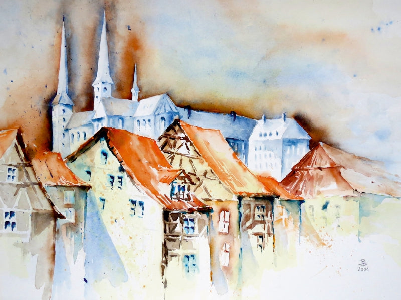 Aquarellmalerei zeigt alte Fachwerkhäuser mit roten Dächern und eine große weiße Kirche im Hintergrund.