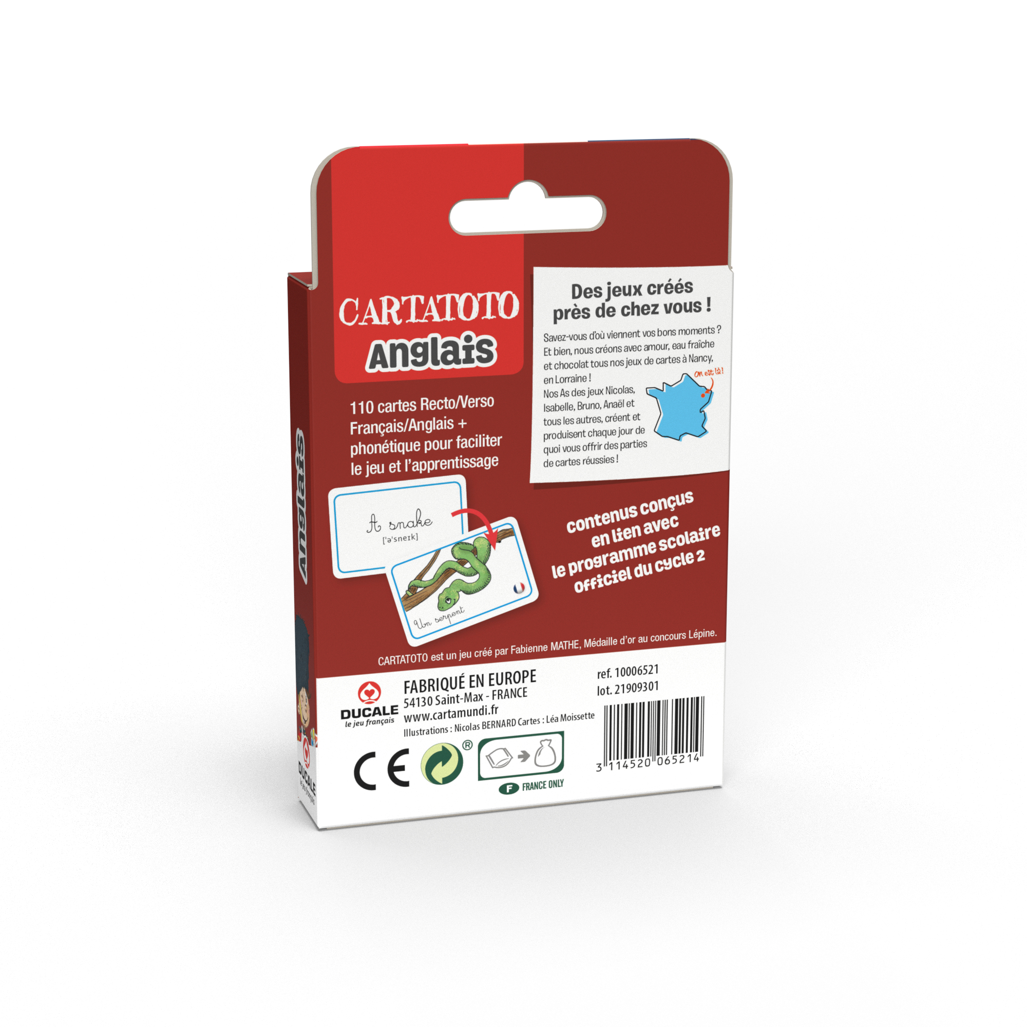 Rückseite einer Cartatoto-Englisch-Lernspielverpackung mit Text, Kartenbeispielen und Herstellerangaben.