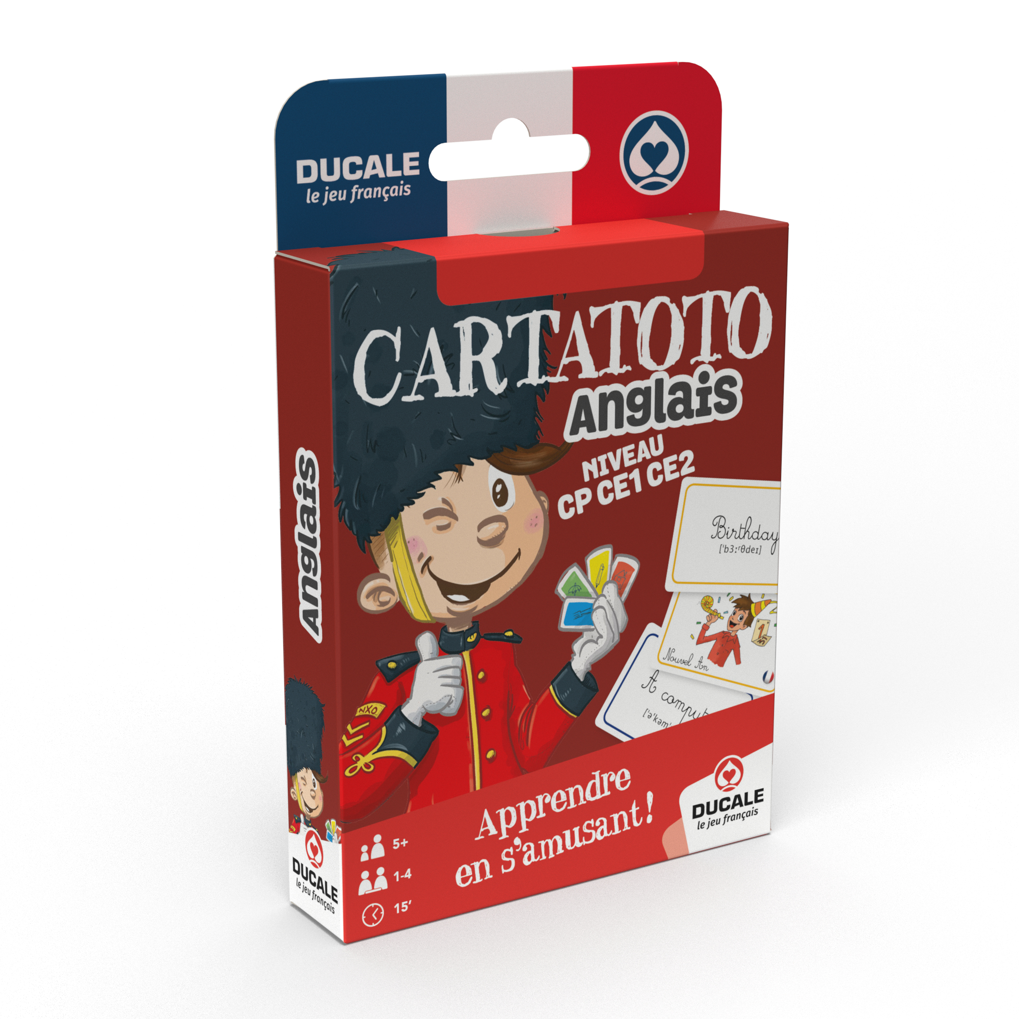 Eine rechteckige Kartenspielverpackung in Rot, Weiß und Blau mit einer britischen Soldaten-Karikatur und Lernkarten.