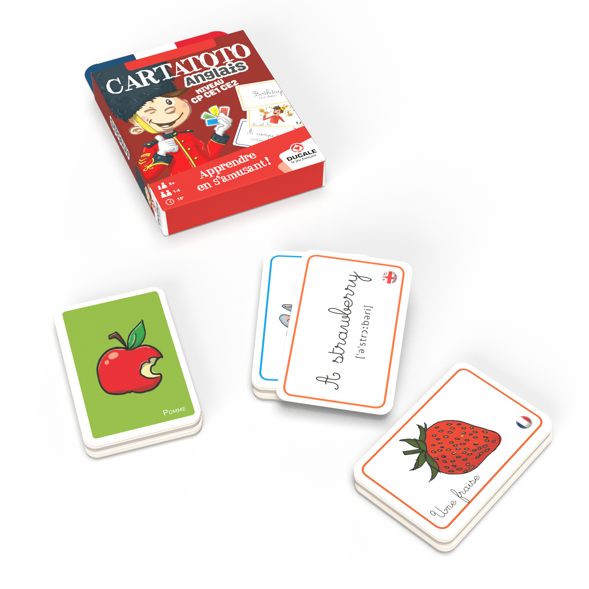Spielkartenschachtel Cartatoto Anglais mit Lernkarten für Englisch, darunter Apfel- und Erdbeerkarten.