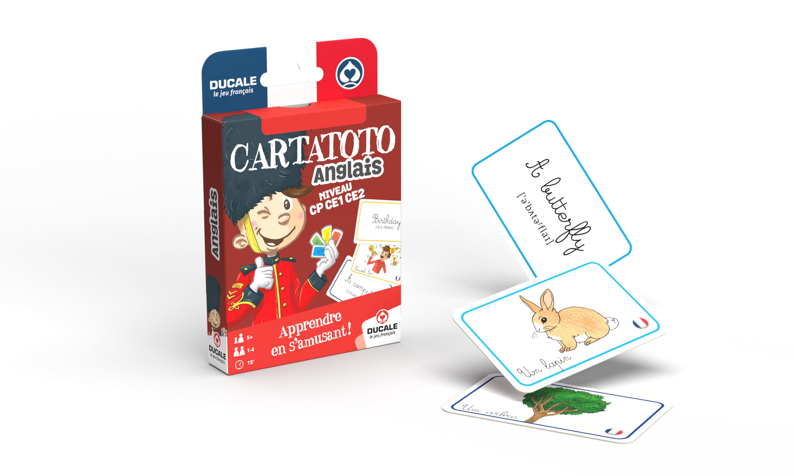 Cartatoto Englisches Lernspiel-Box mit Karten, die Wörter wie Schmetterling und Hase zeigen.