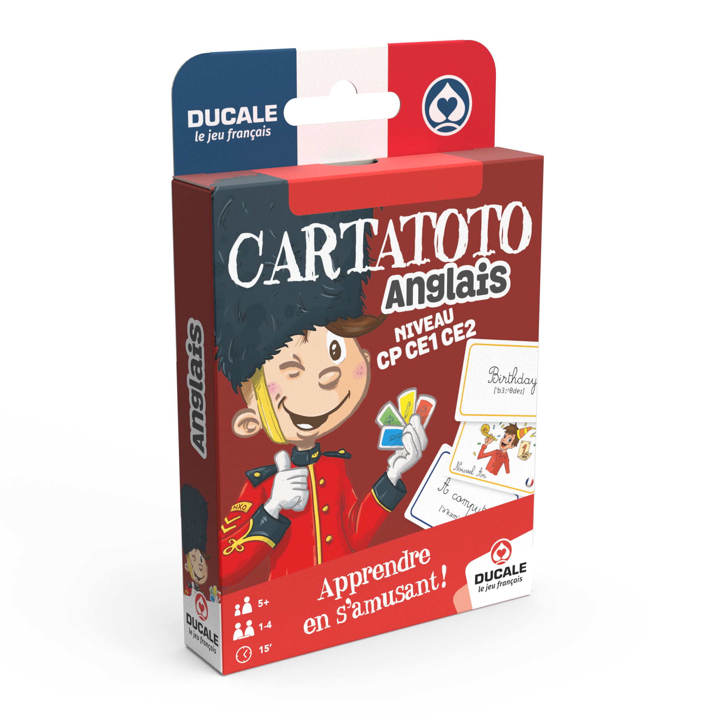 Cartatoto Anglais Kartenspiel Schachtel mit einem cartoonhaften britischen Wachmann und Lernkarten.