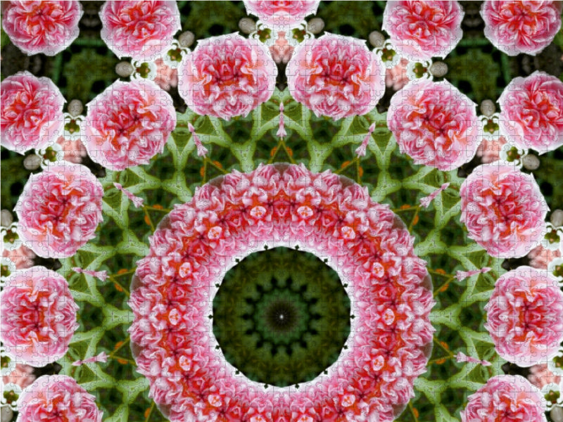 Ein Kaleidoskop aus rosa Rosen und grünen Blättern bildet ein symmetrisches, kreisförmiges Muster.