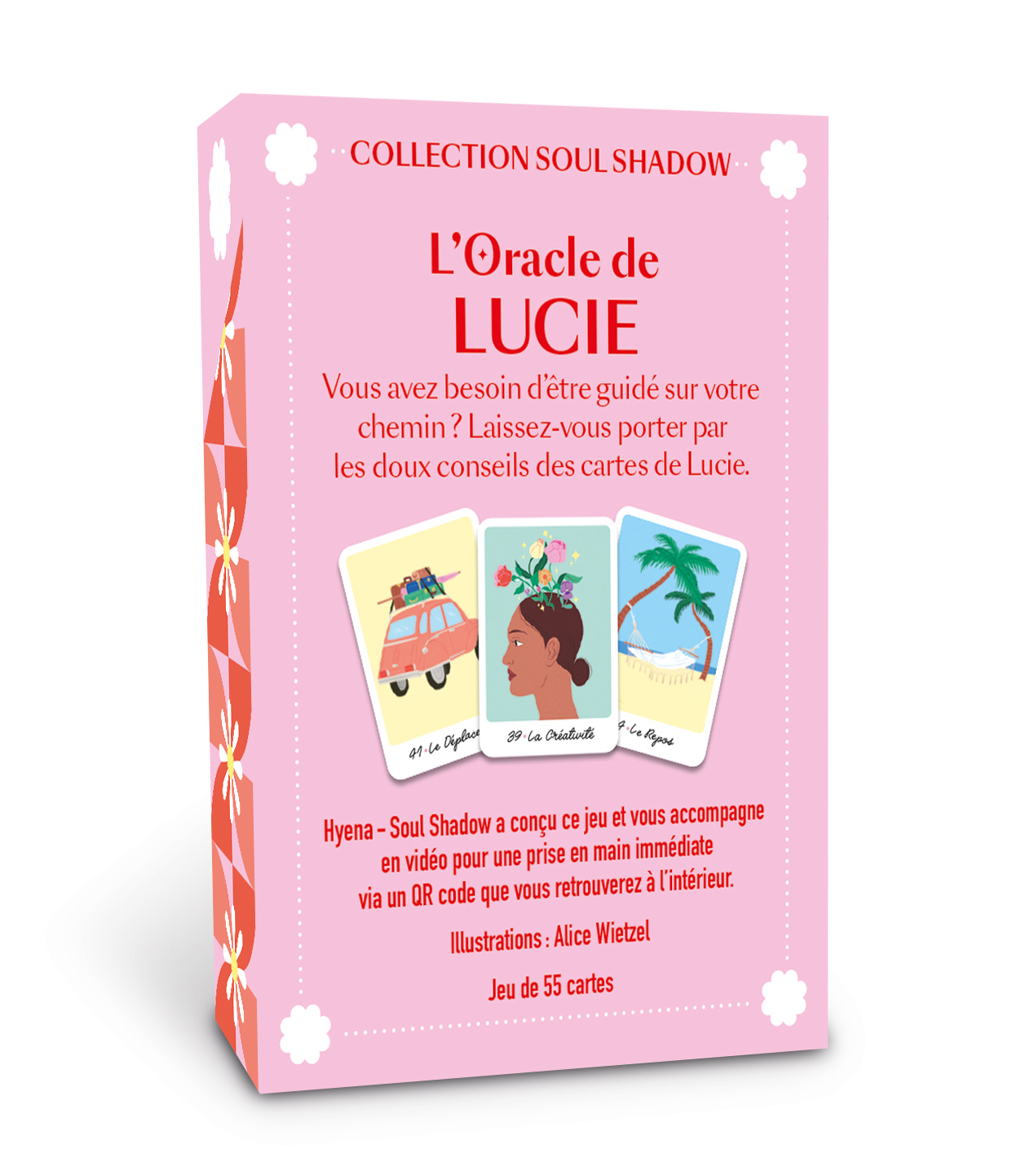 Rosa Orakelkarten-Box mit dem Titel L'Oracle de LUCIE und drei illustrierten Karten auf der Vorderseite.