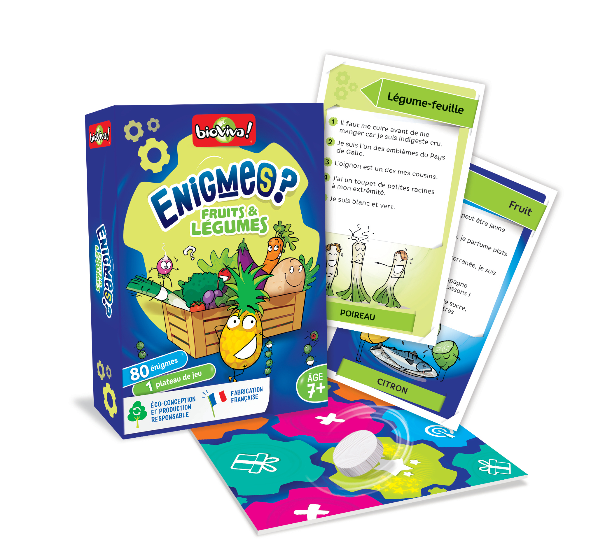 Spielverpackung von Bioviva Enigmes Obst und Gemüse mit Karten und Spielbrett.