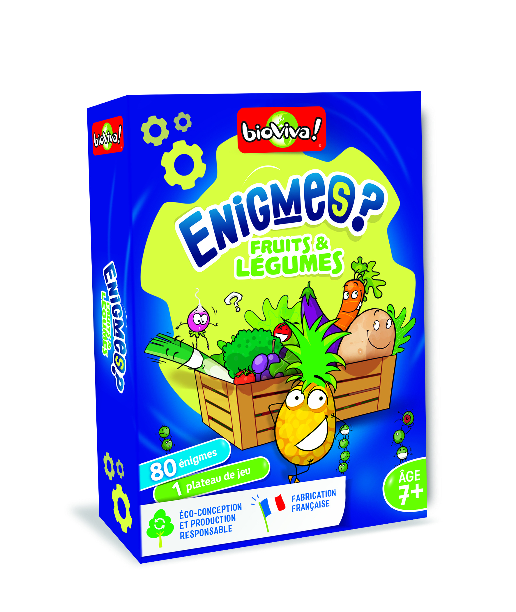 Blaue Schachtel des Bioviva Kartenspiels 'Enigmes Fruits & Legumes' mit bunten Früchten und Gemüse.