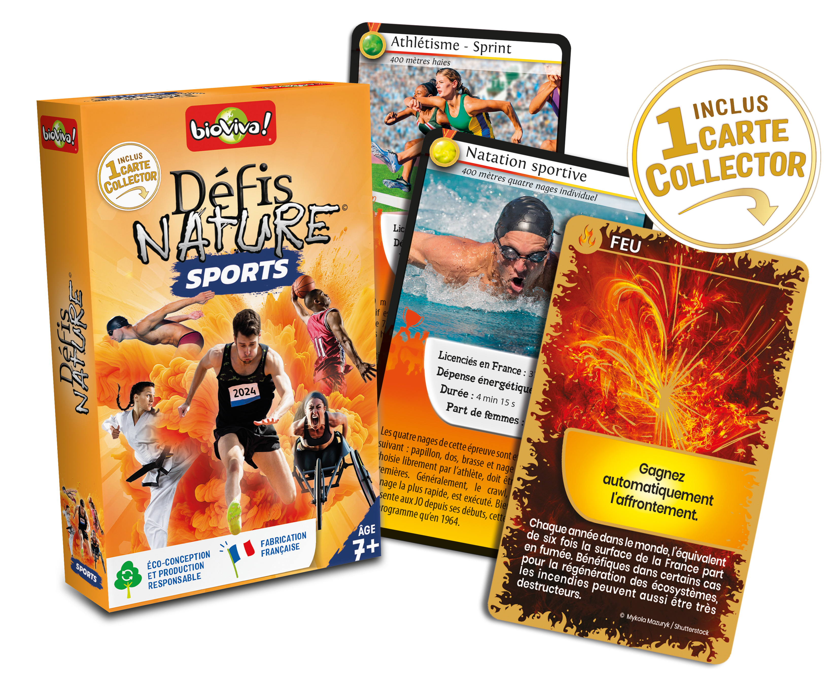 Verpackung und Spielkarten des Kartenspiels 'Défis Nature Sports' mit verschiedenen Sportmotiven.