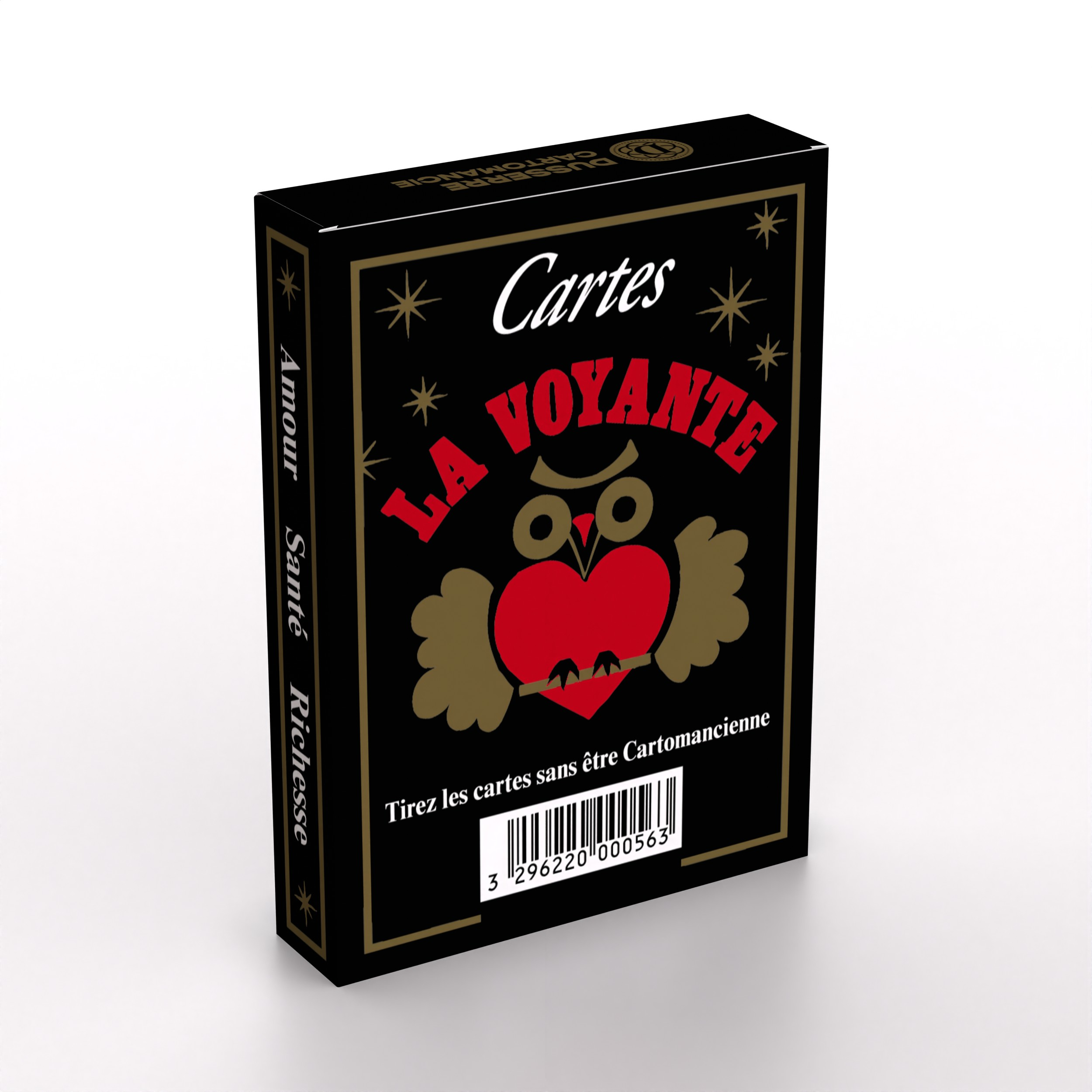 Schwarze Schachtel von La Voyante-Spielkarten mit Eule, rotem Herzen, goldenen Sternen und Barcode.