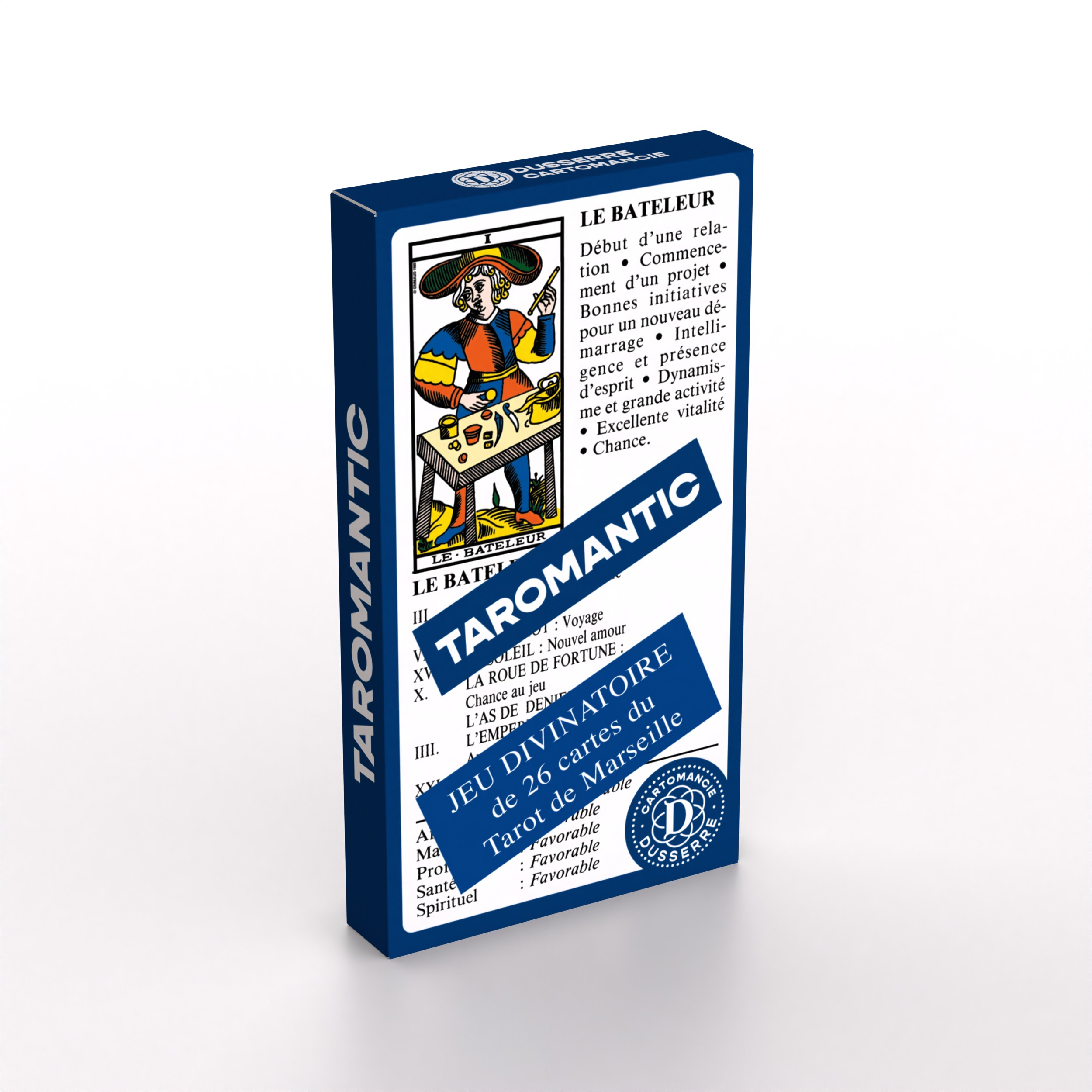 Eine blaue Schachtel für Tarot-Karten mit dem Aufdruck Taromantic und einer Illustration von Le Bateleur.