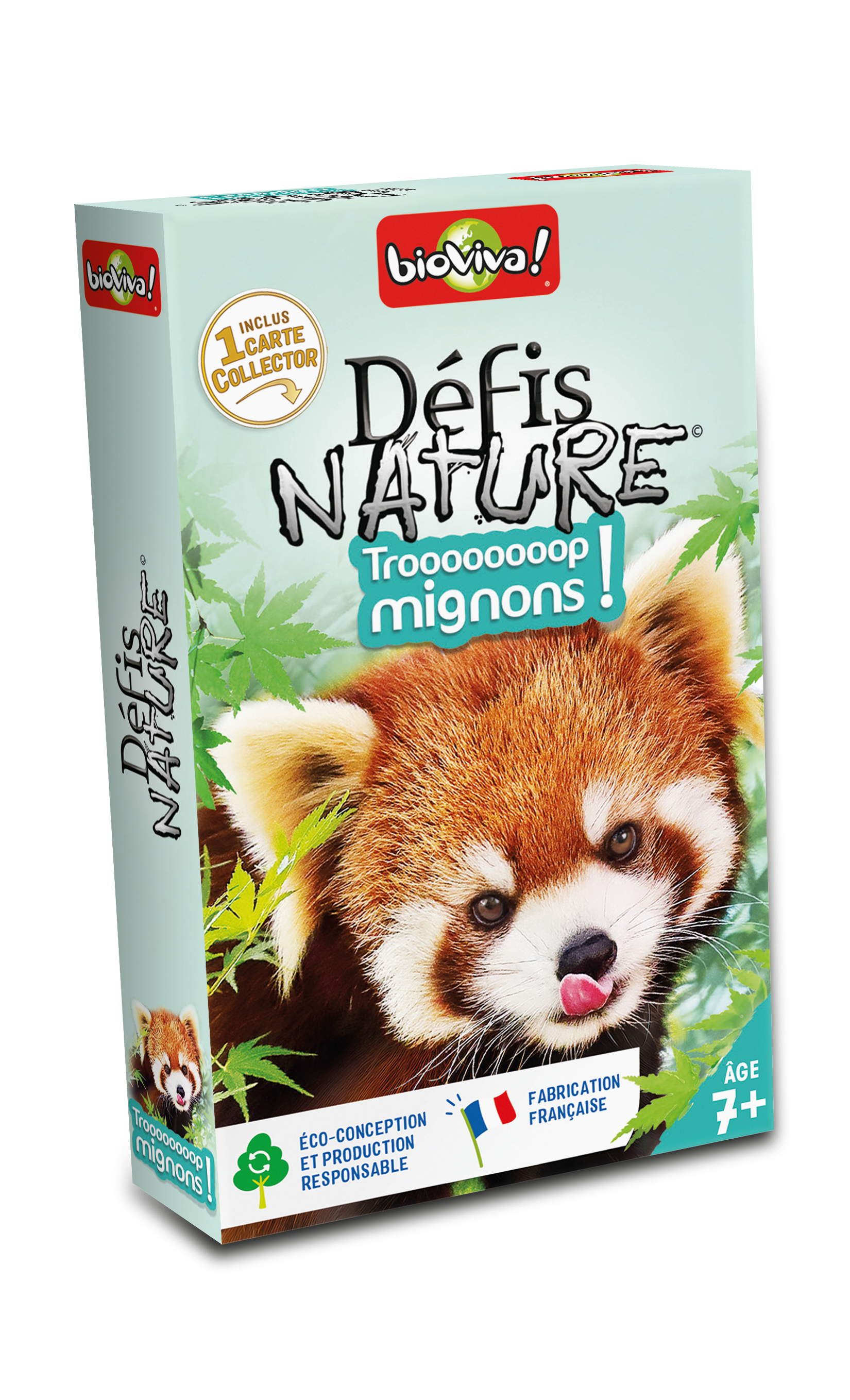 Kartenspiel-Schachtel mit einem roten Panda, der sich die Nase leckt, vor grünem Laub.