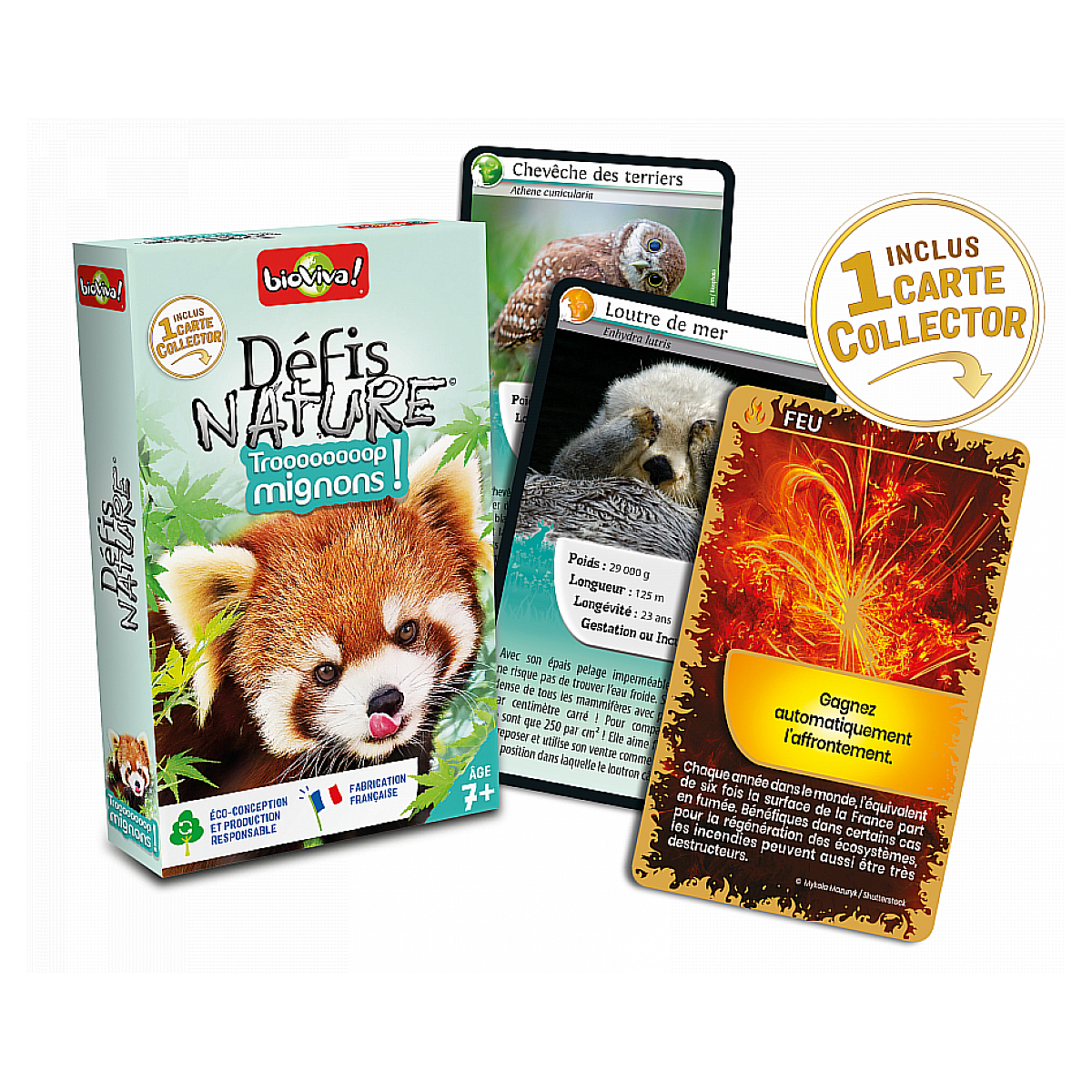 Spielbox "Défis Nature" mit Rotem Panda, Tierkarten und einer Feuerkarte.