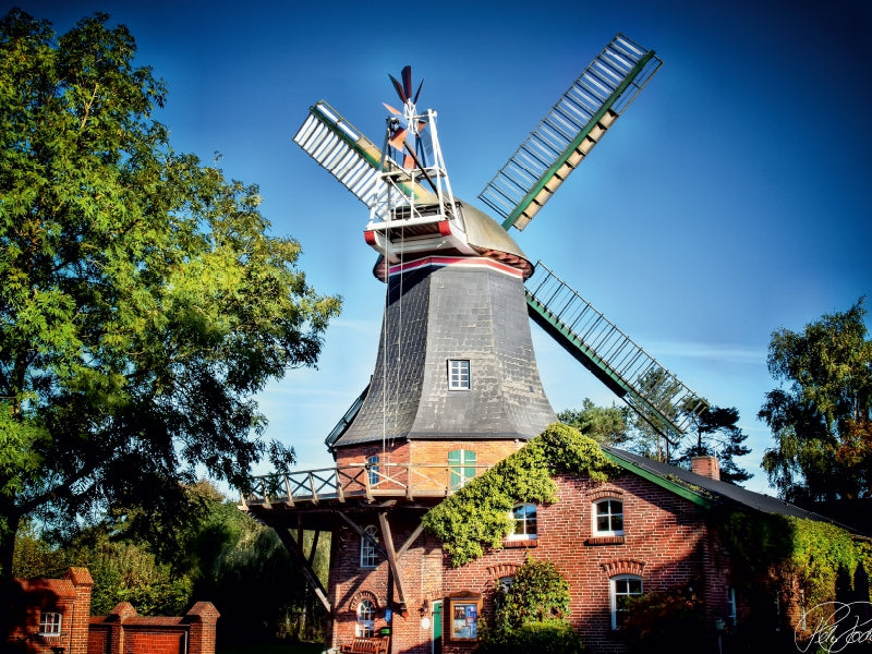 Eine traditionelle Windmühle auf einem roten Backsteingebäude, umgeben von grünen Bäumen unter einem blauen Himmel.