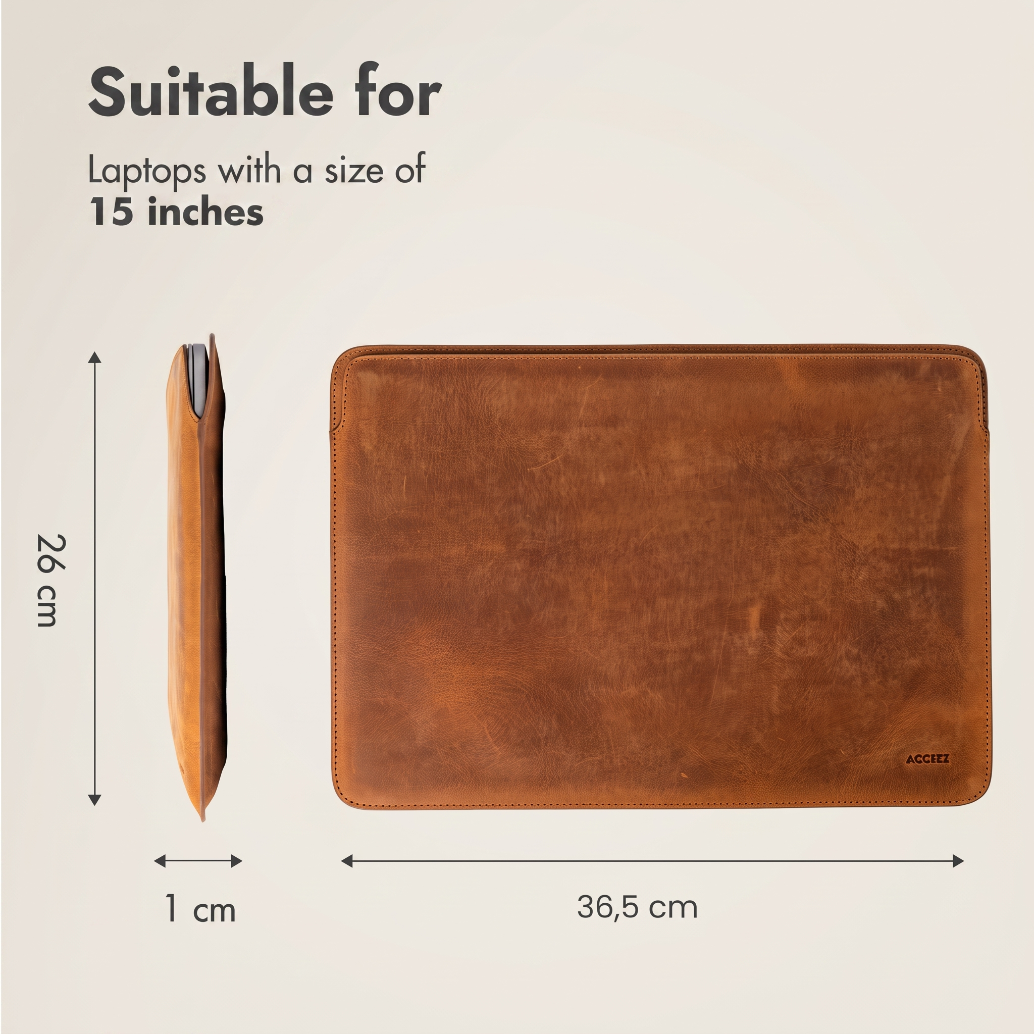 Funda de cuero marrón para portátil de 36.5x26x1 cm, adecuada para portátiles de 15 pulgadas.