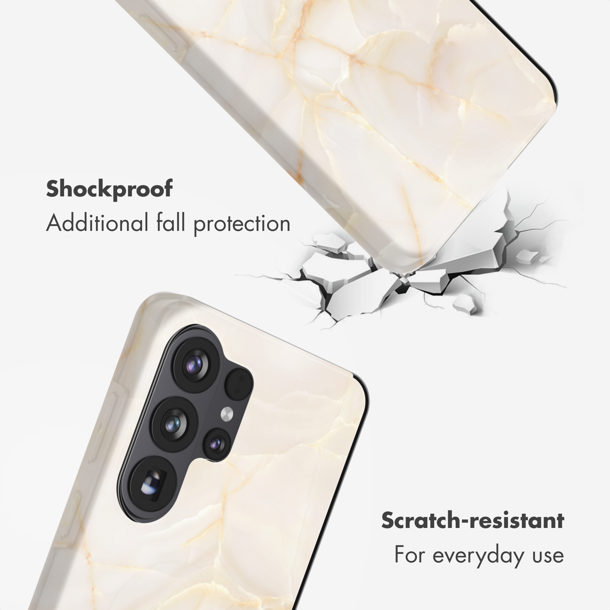 Funda de teléfono con patrón de mármol sobre fondo blanco con texto promocional sobre protección.