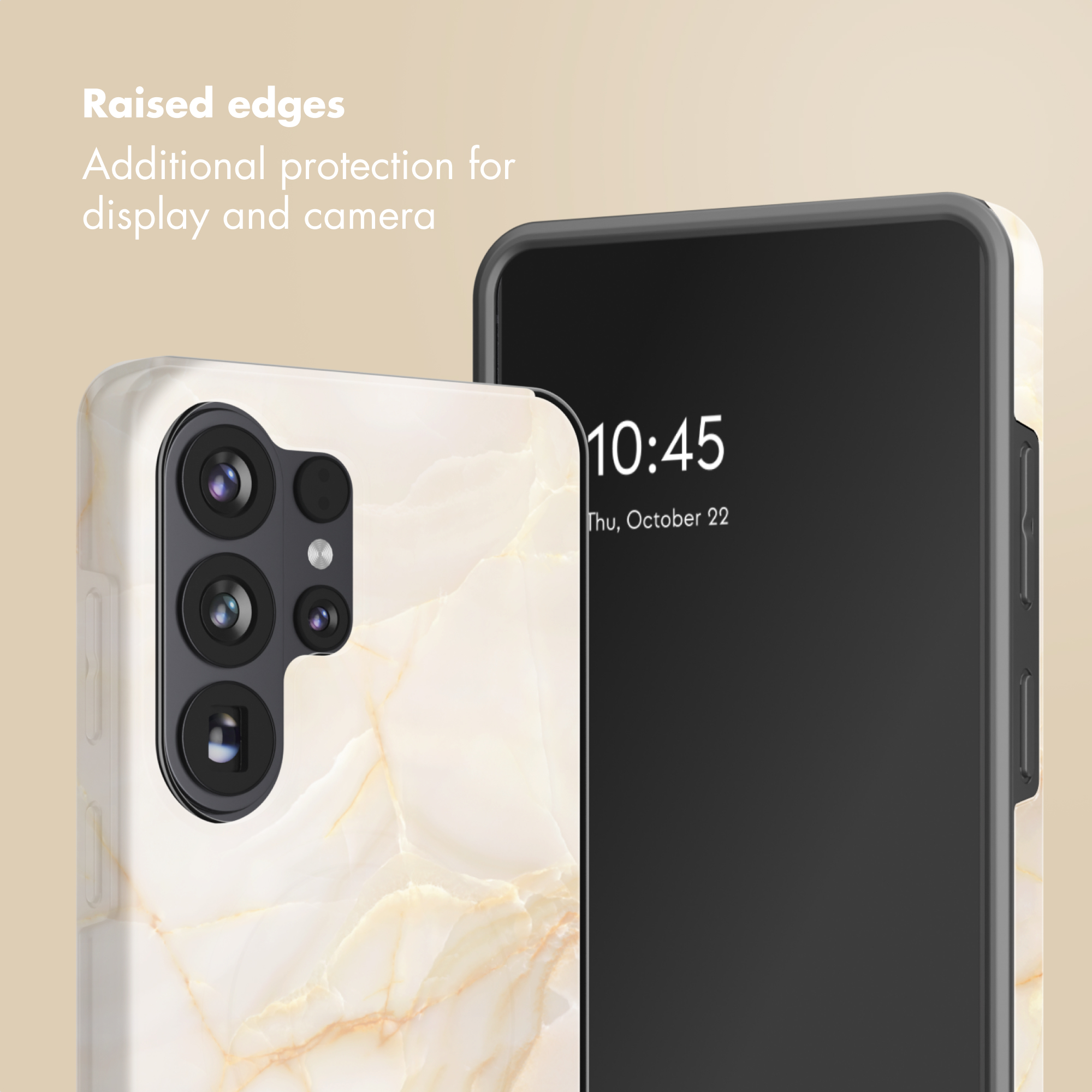 Dos smartphones con fundas de mármol muestran bordes elevados para proteger la pantalla y la cámara sobre fondo beige.