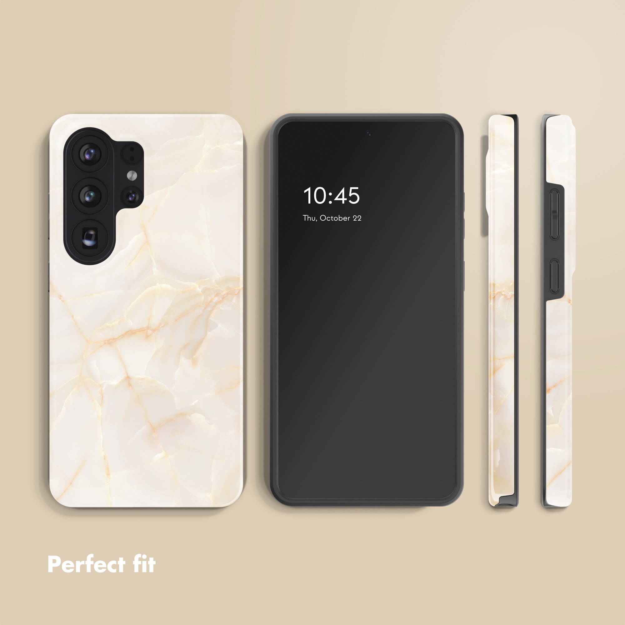 Smartphone en varias vistas con funda protectora de mármol blanco y el texto Perfect fit.
