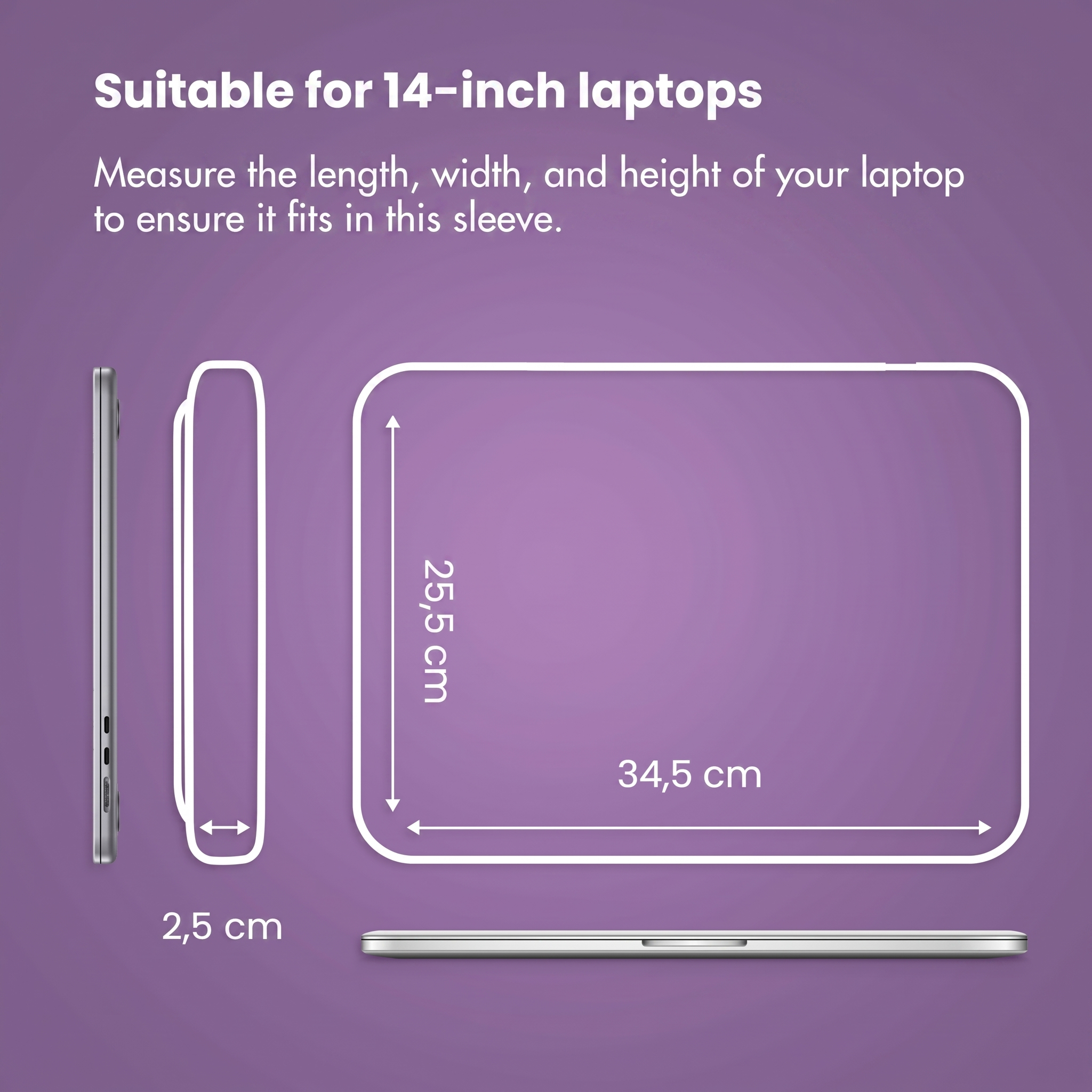 Gráfico morado que muestra dimensiones de funda de 34,5x25,5x2,5 cm para portátiles de 14".