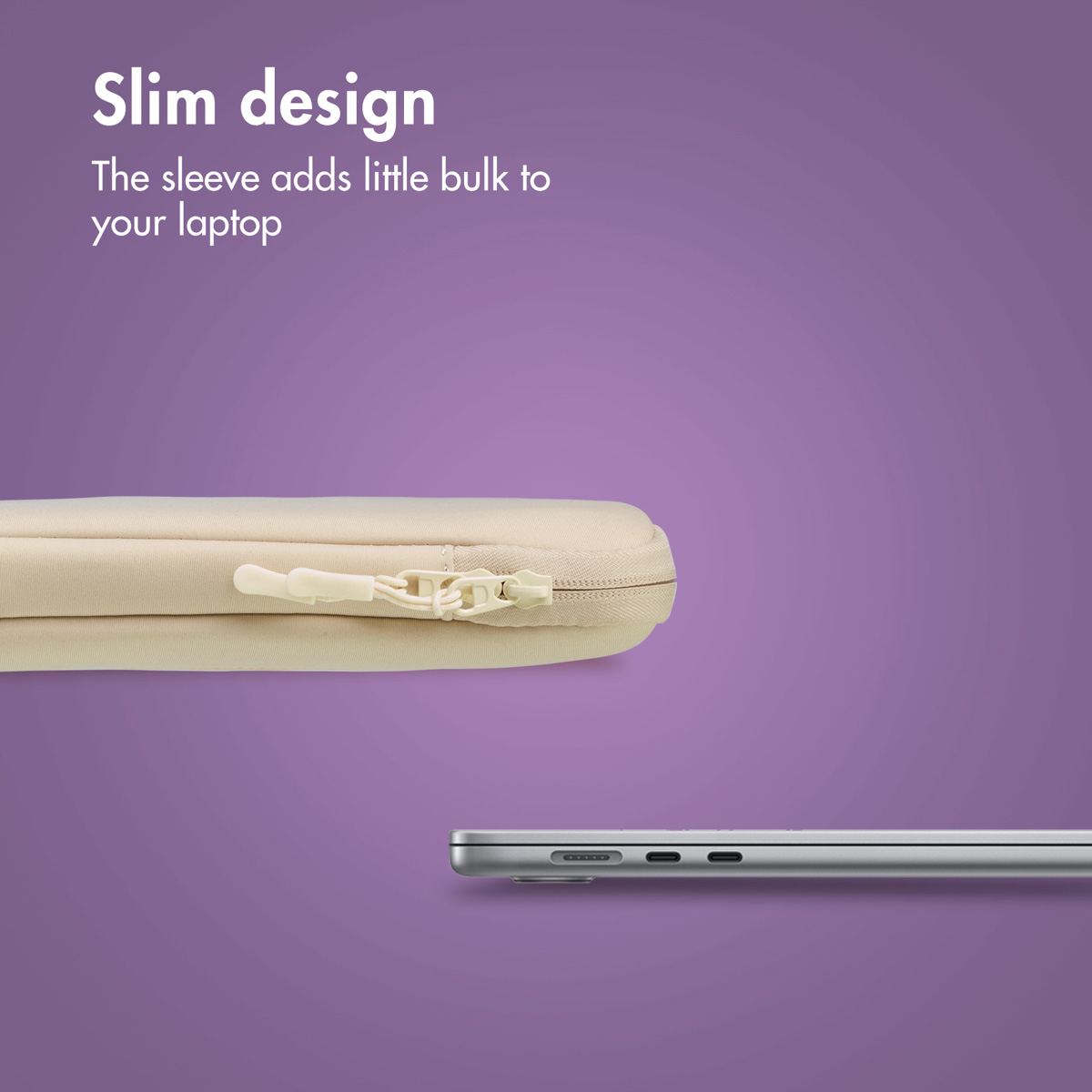 Fundas de portátil beige y portátil plateado sobre fondo morado con texto.