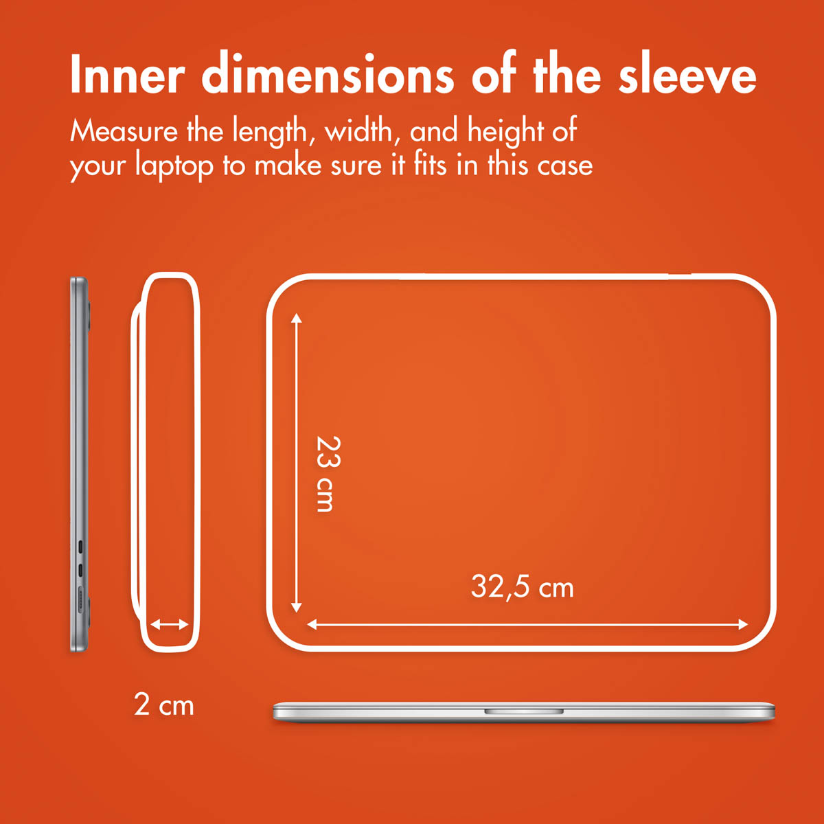 Gráfico naranja que muestra las dimensiones internas: 32,5 x 23 x 2 cm.