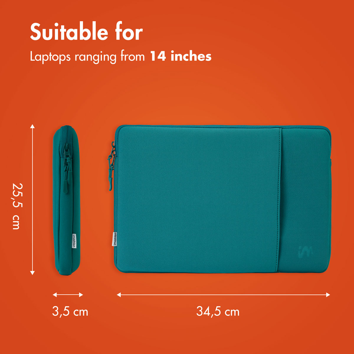 Funda para portátil turquesa de 14 pulgadas, medidas 34,5x25,5x3,5 cm, sobre fondo naranja.