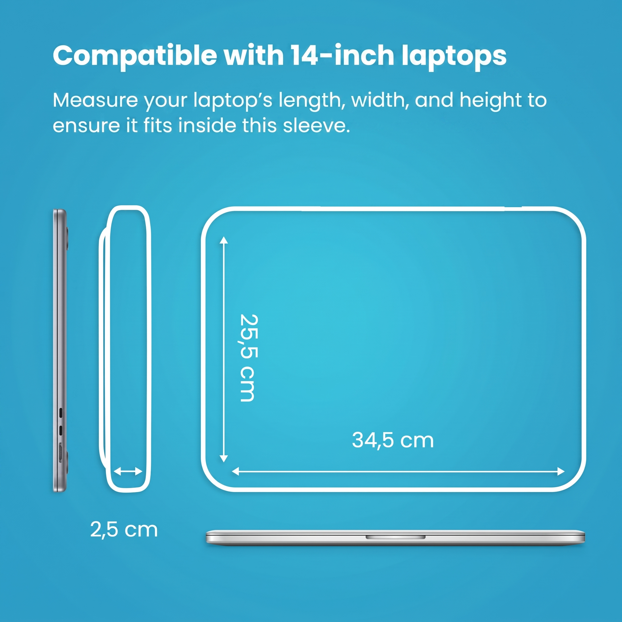 Diagrama de la funda: 34,5 cm de ancho, 25,5 cm de alto y 2,5 cm de grosor sobre fondo azul.