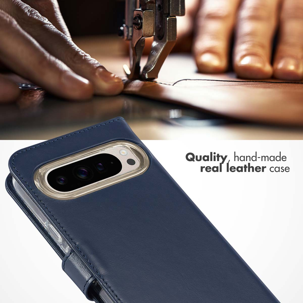 Funda de cuero azul para teléfono con marco de cámara dorado y máquina de coser al fondo.