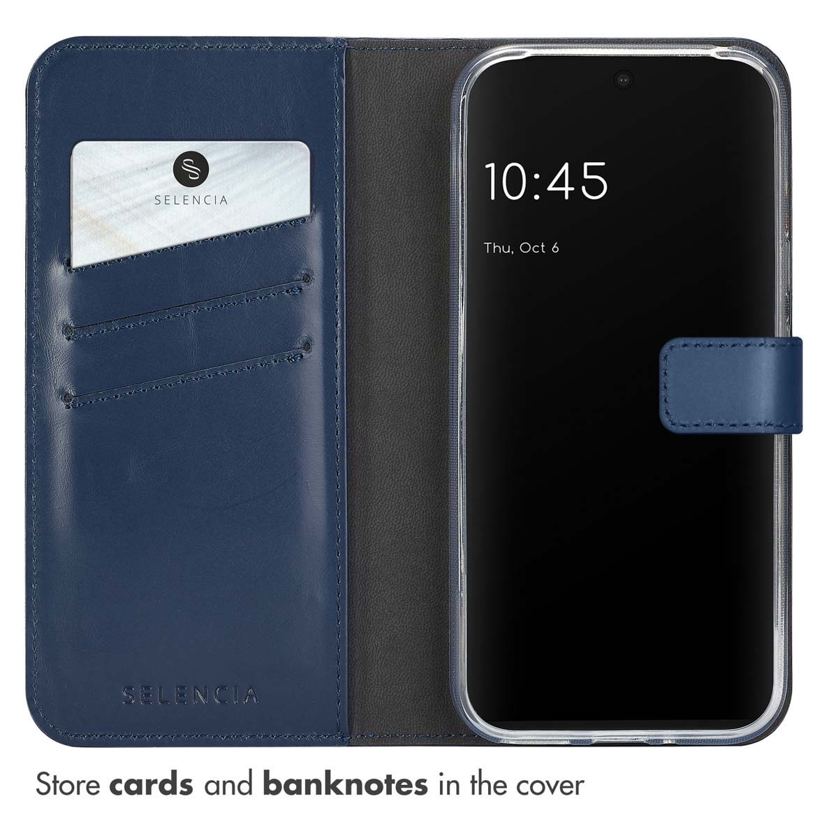 Fundador de cuero azul con ranuras para tarjetas y un smartphone que muestra la fecha y hora.
