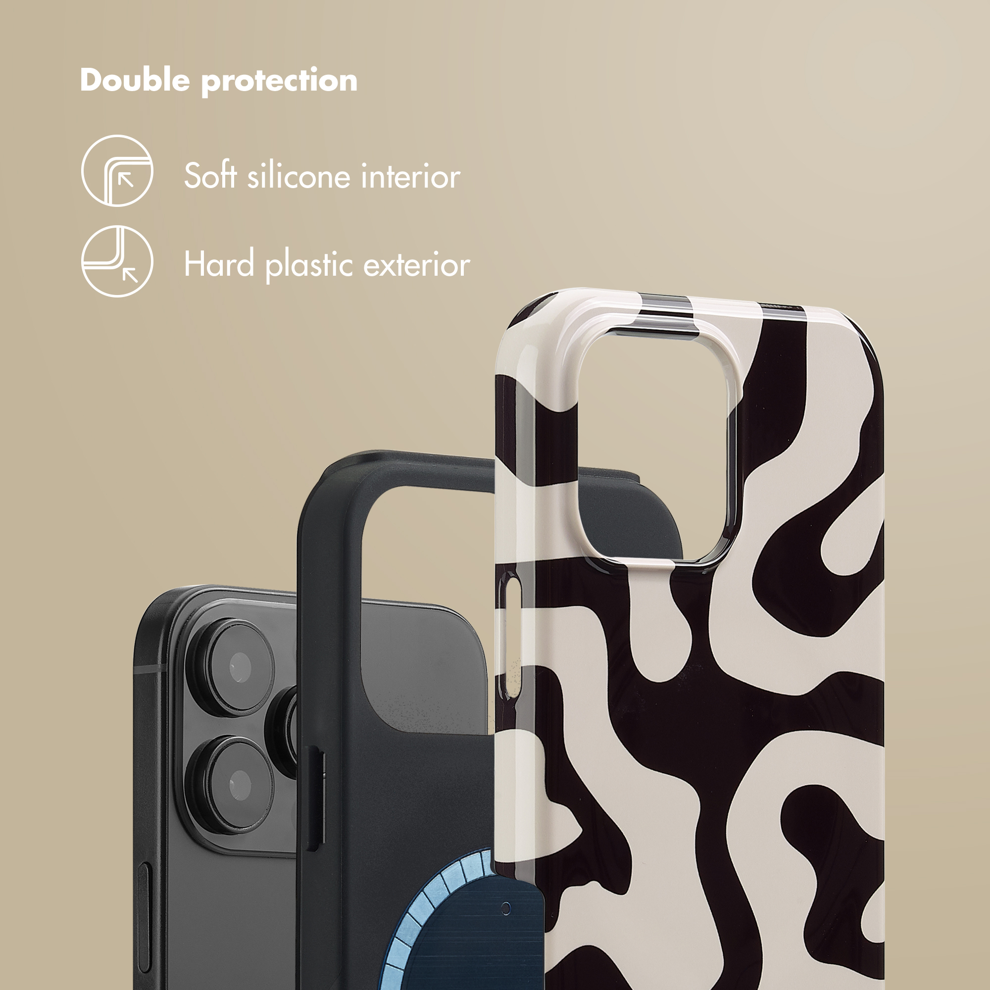 Una cover con interno in morbido silicone e esterno in plastica dura, con motivo astratto.