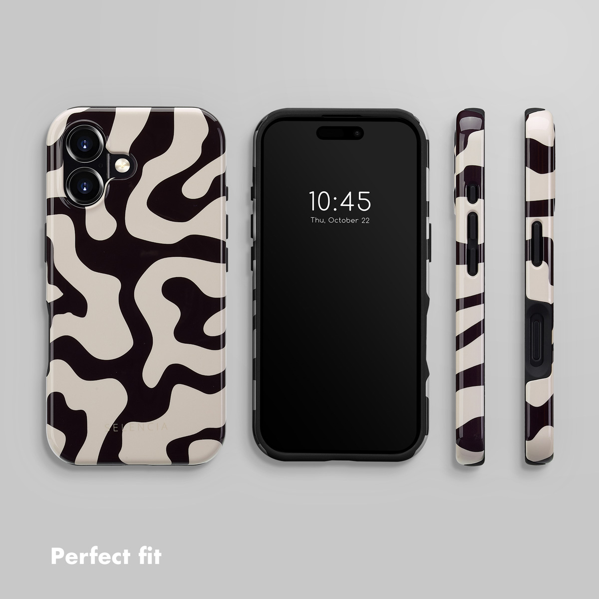 Viste dello smartphone con fronte, retro e lati, con una cover con stampa mucca astratta nera e beige su sfondo grigio.
