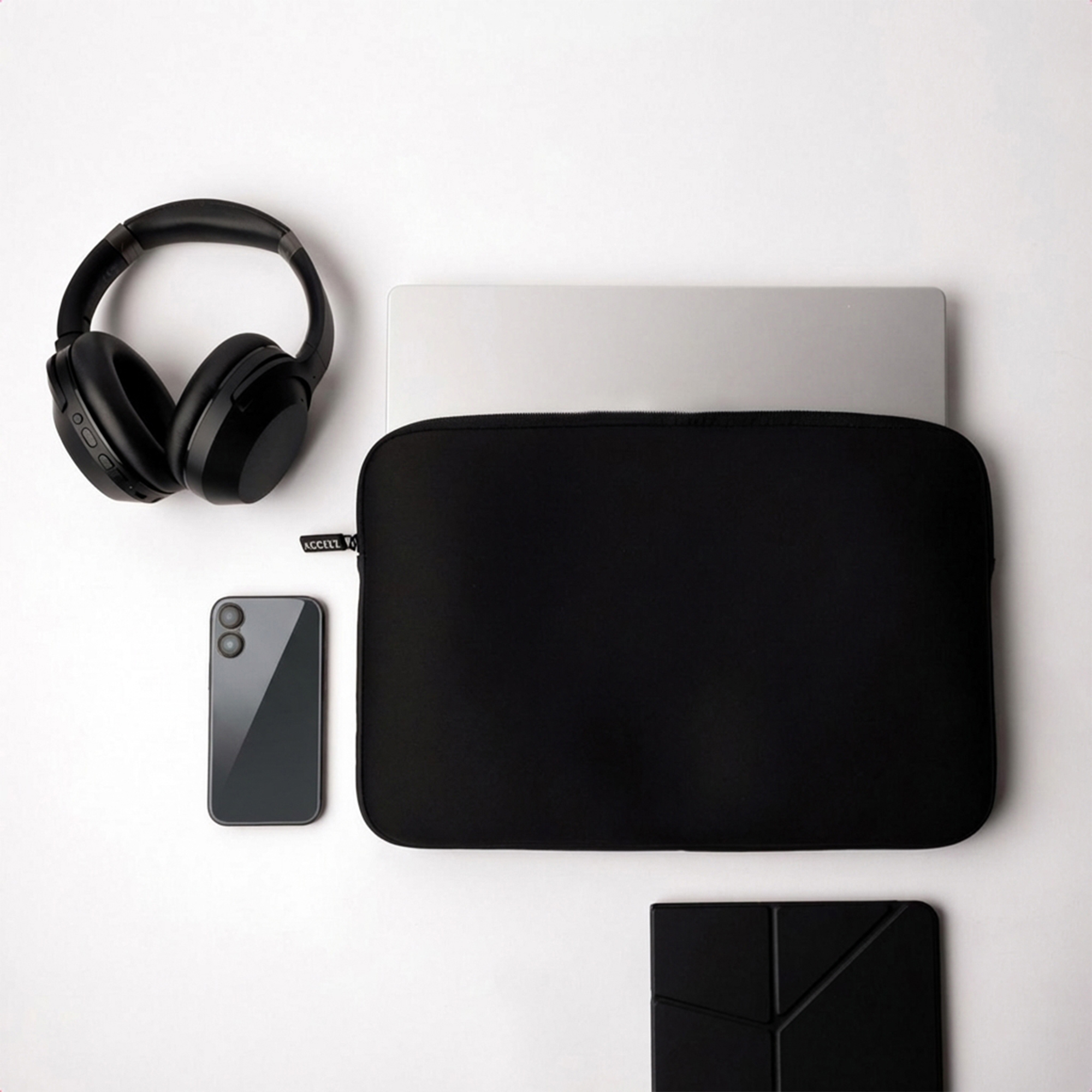 Artículos tecnológicos sobre fondo blanco: auriculares, smartphone, portátil en funda negra y un cuaderno.