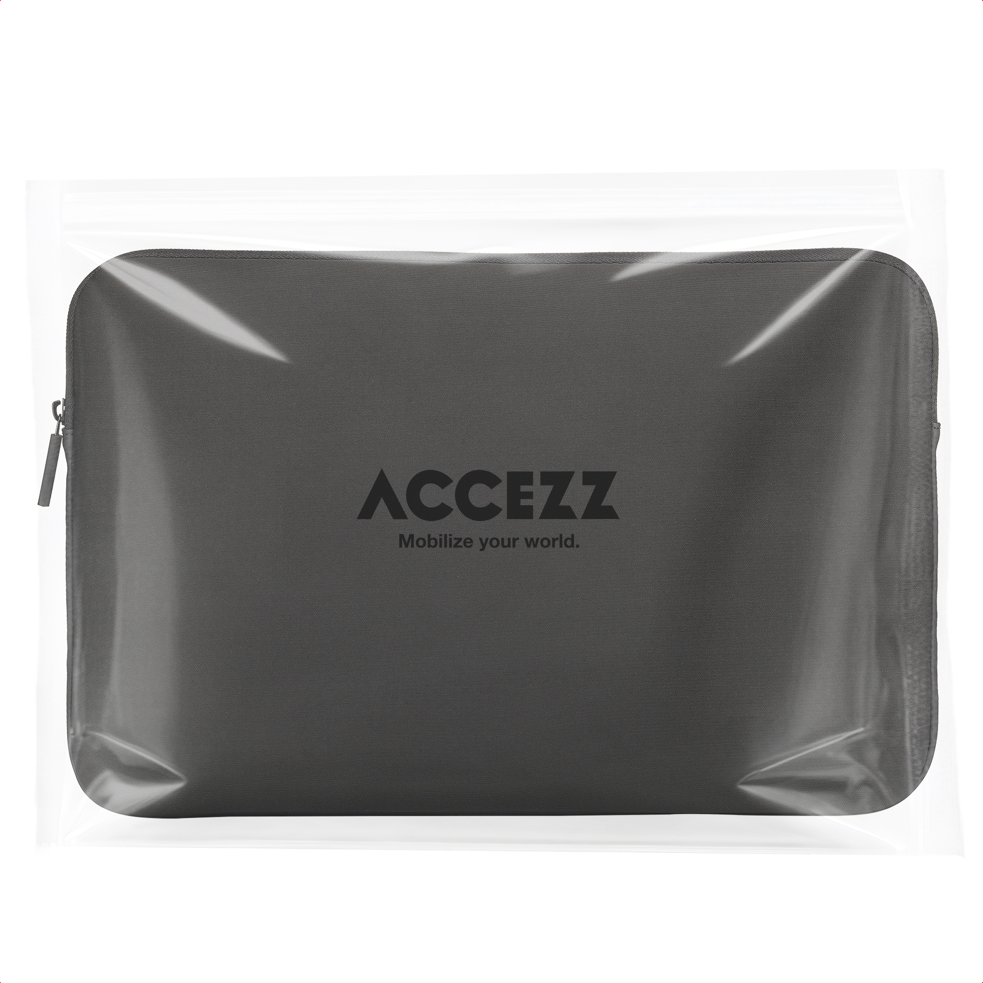 Una funda gris para portátil con el logotipo de Accezz dentro de una bolsa de plástico transparente.