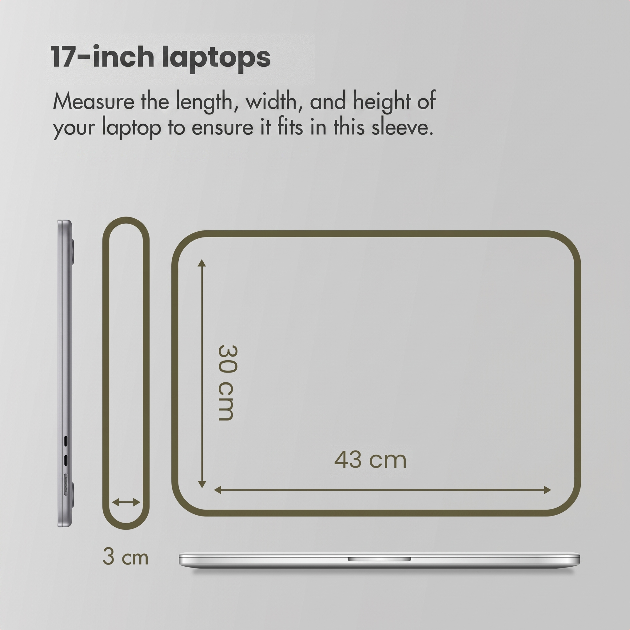 El diagrama muestra las dimensiones de la funda: 43 cm de largo, 30 cm de alto y 3 cm de grosor.