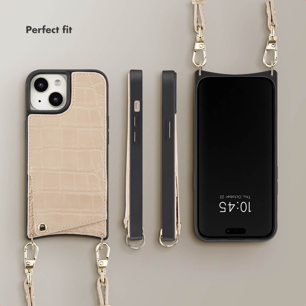 Beige telefoonhoesje met krokodillenprint, pasjeshouder en band, vanuit meerdere hoeken bekeken.