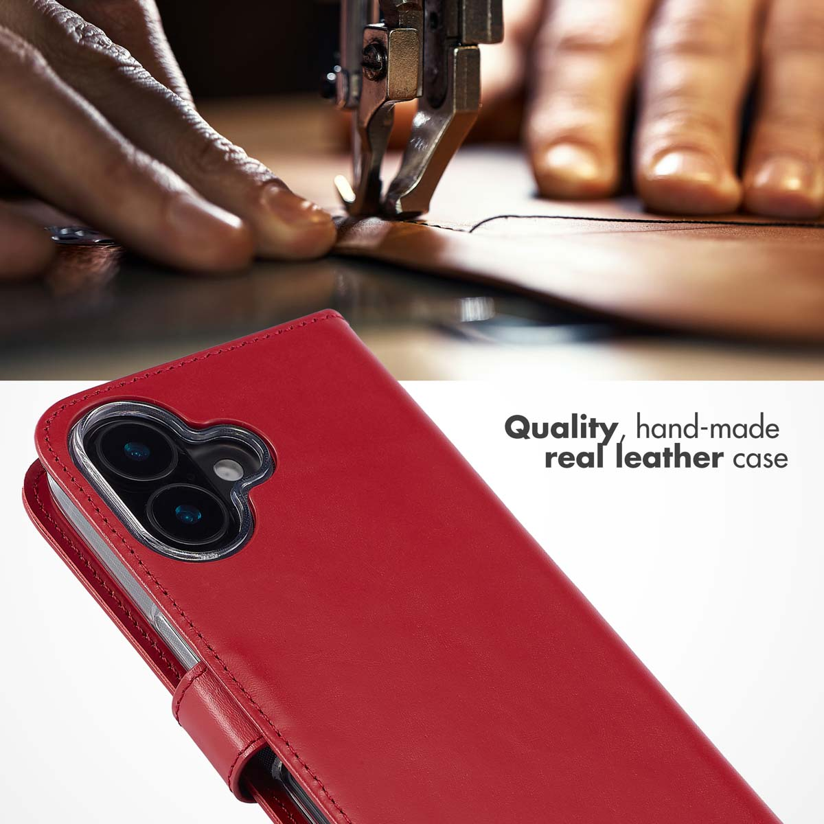Étui en cuir rouge fait main pour smartphone sous une machine à coudre.