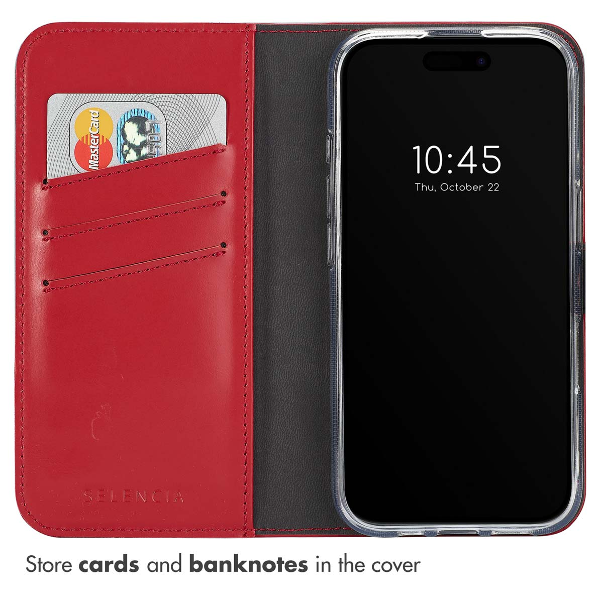 Étui portefeuille rouge en cuir avec smartphone et carte de crédit.