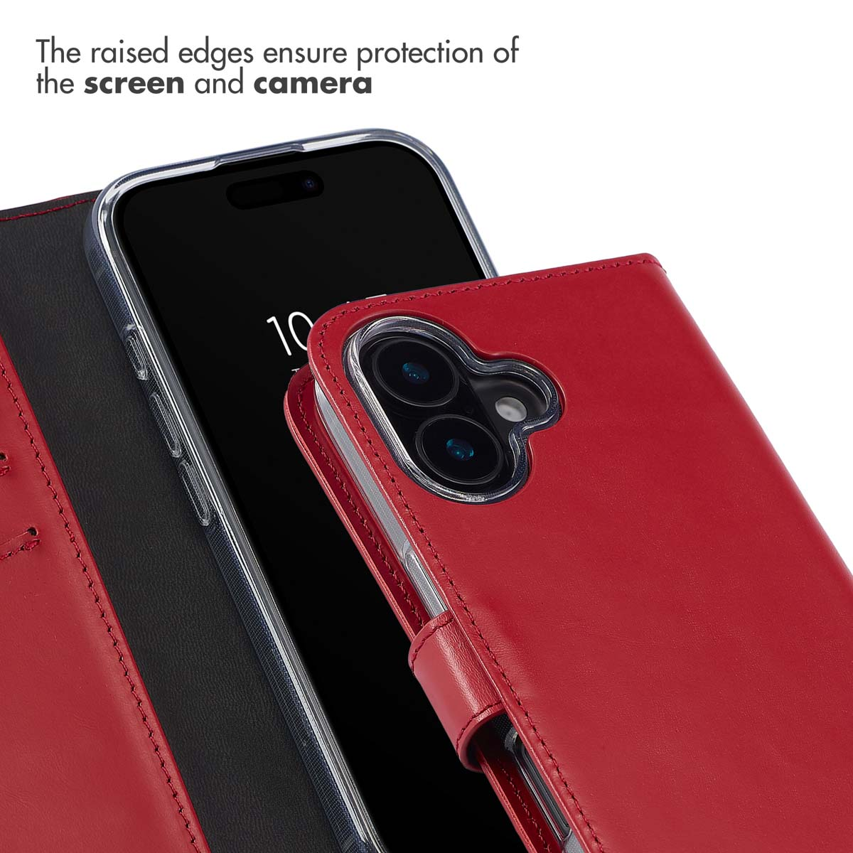 Un étui de téléphone en cuir rouge avec smartphone, montrant la protection de l'appareil photo et de l'écran.